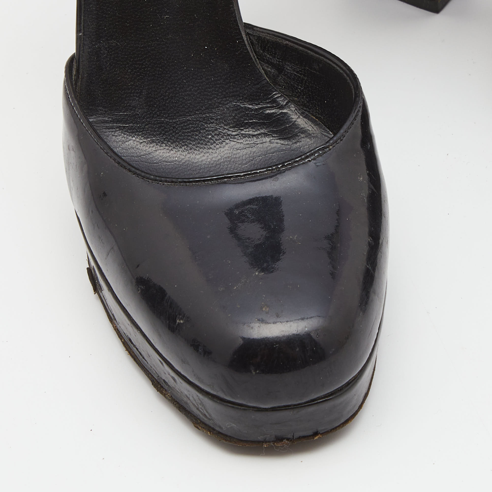 Prada Black Patent Leather Ankle Strap Platform Pumps Size 36