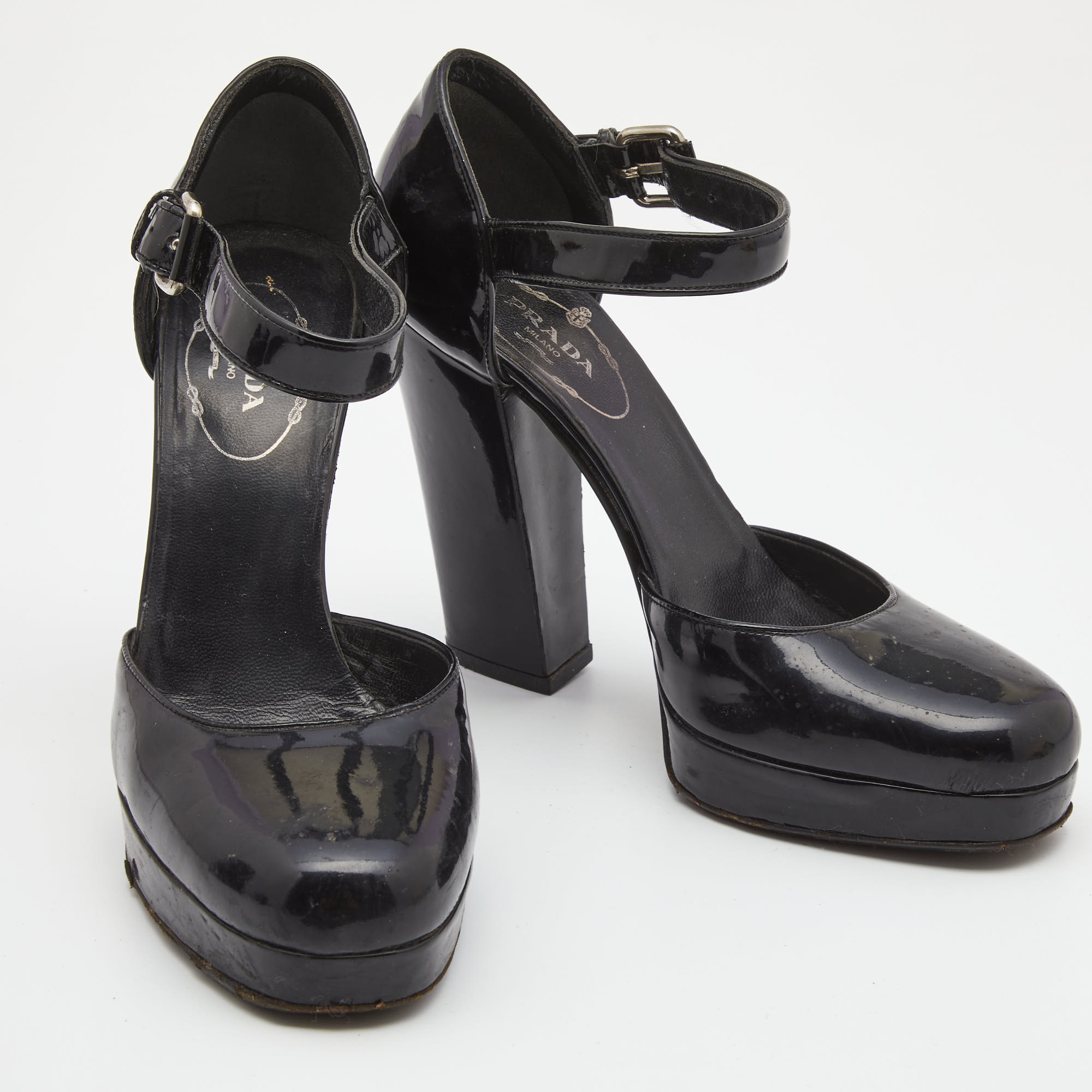 Prada Black Patent Leather Ankle Strap Platform Pumps Size 36