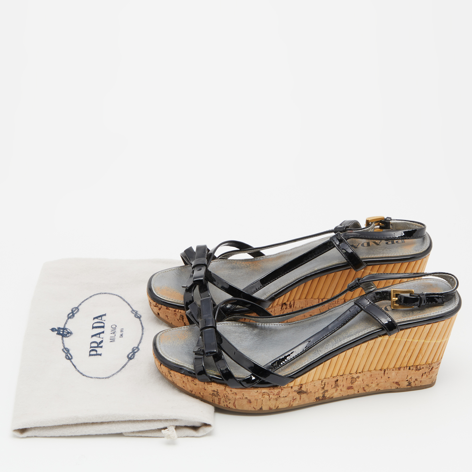 Prada Black Patent Leather Strappy Bow Platform Wedge Sandals Size 36