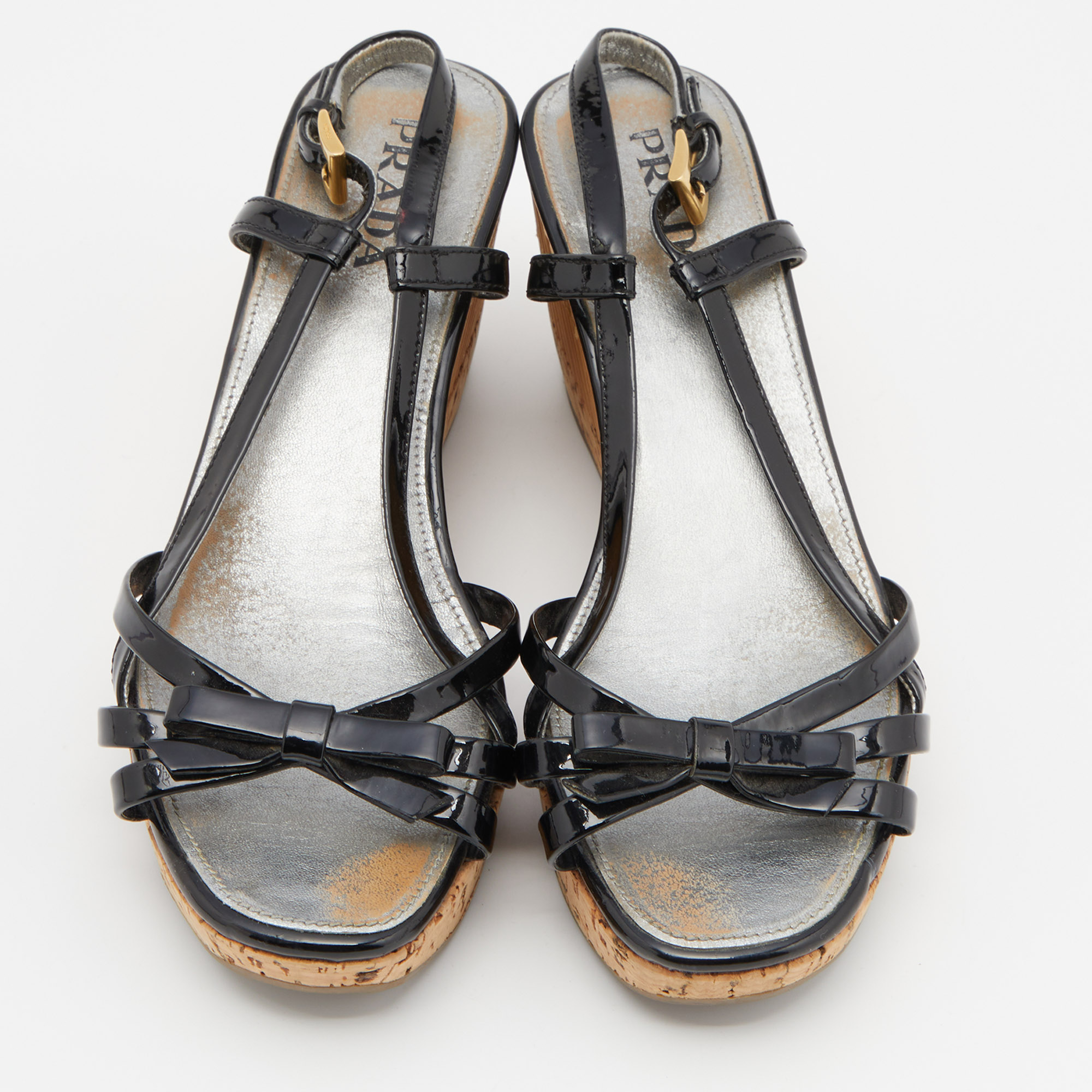 Prada Black Patent Leather Strappy Bow Platform Wedge Sandals Size 36