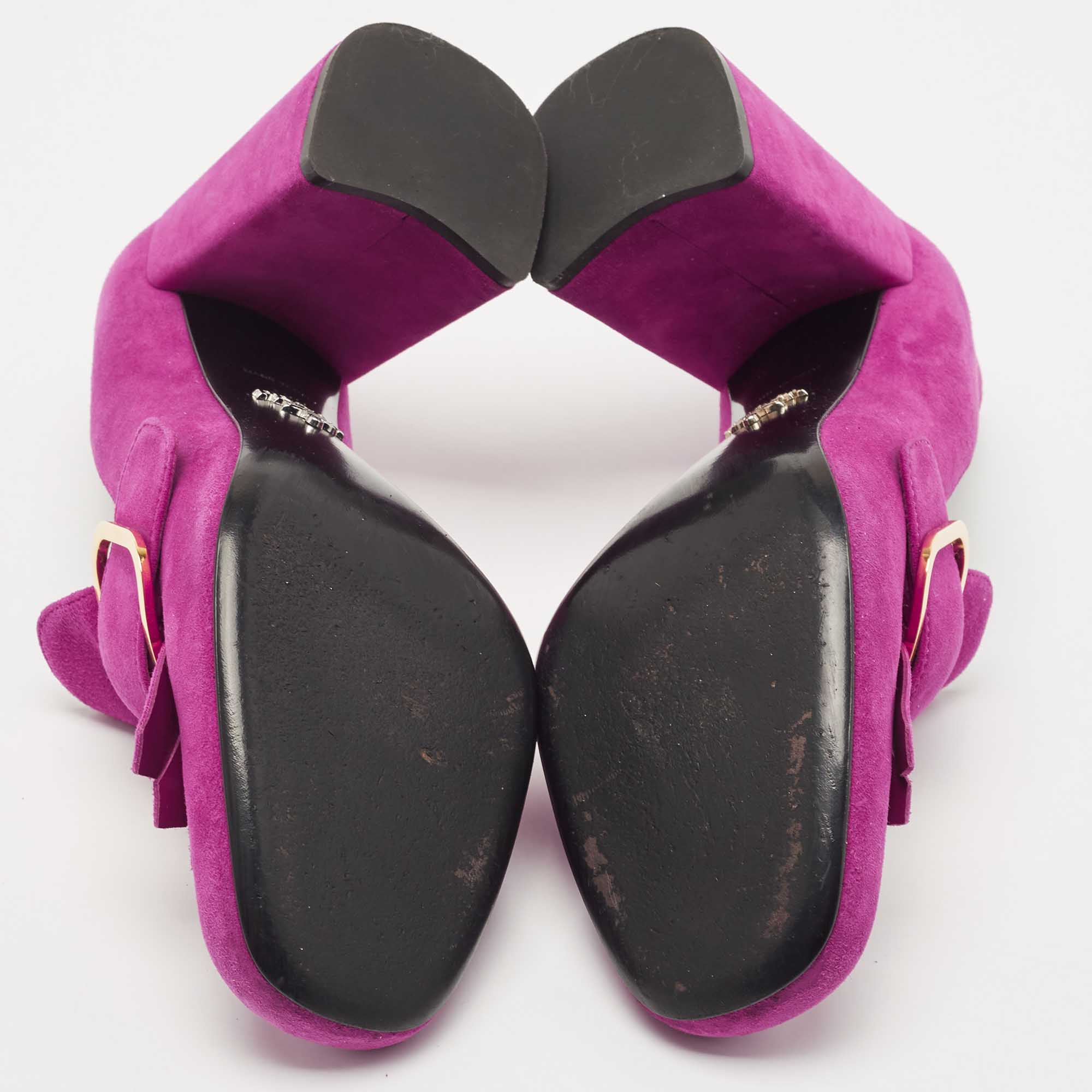 Prada Pink Suede Fringe Buckle Details Block Heel Pumps Size 38.5