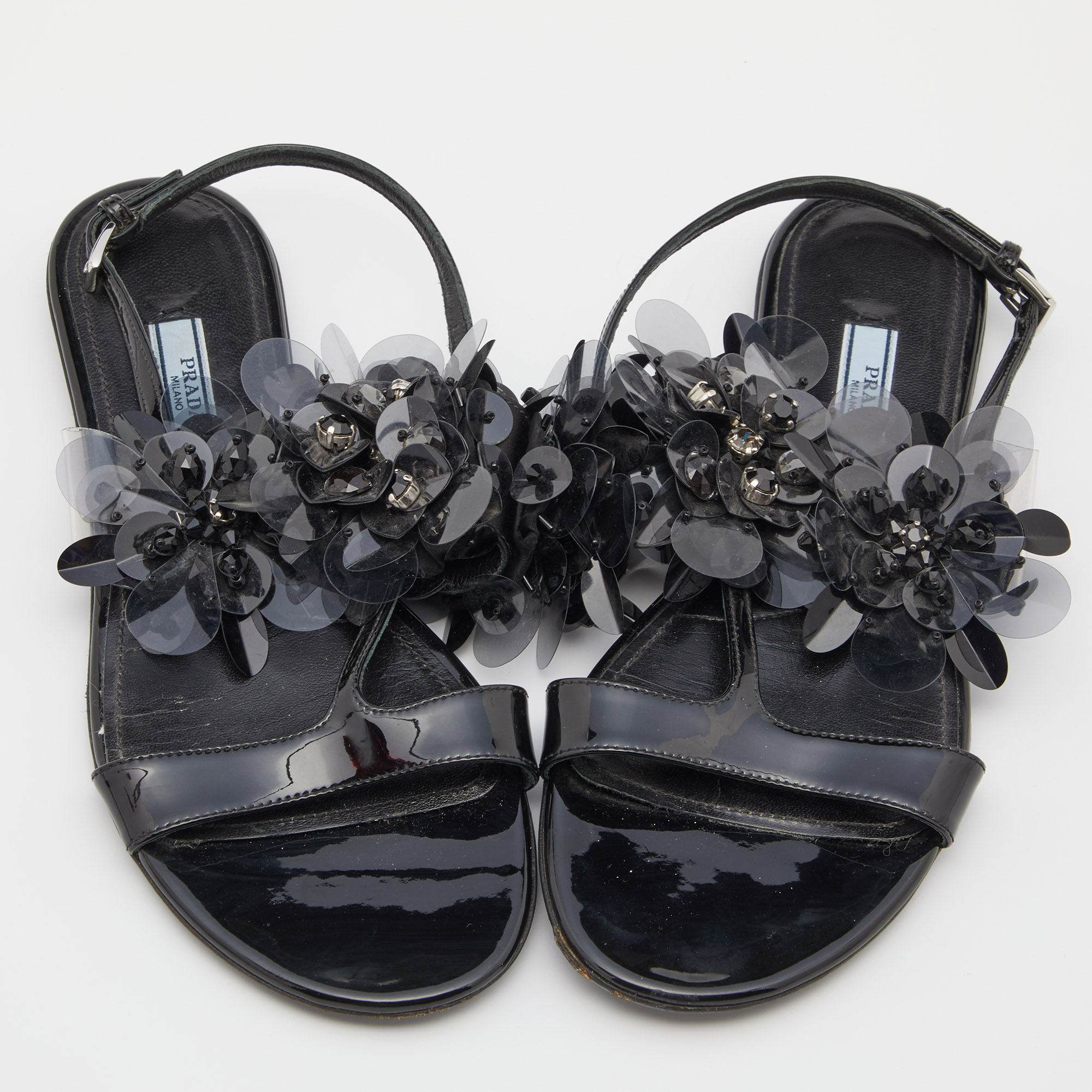 Prada Black Patent Leather And PVC Crystal/Beads Embellished Flat Sandals Size 38