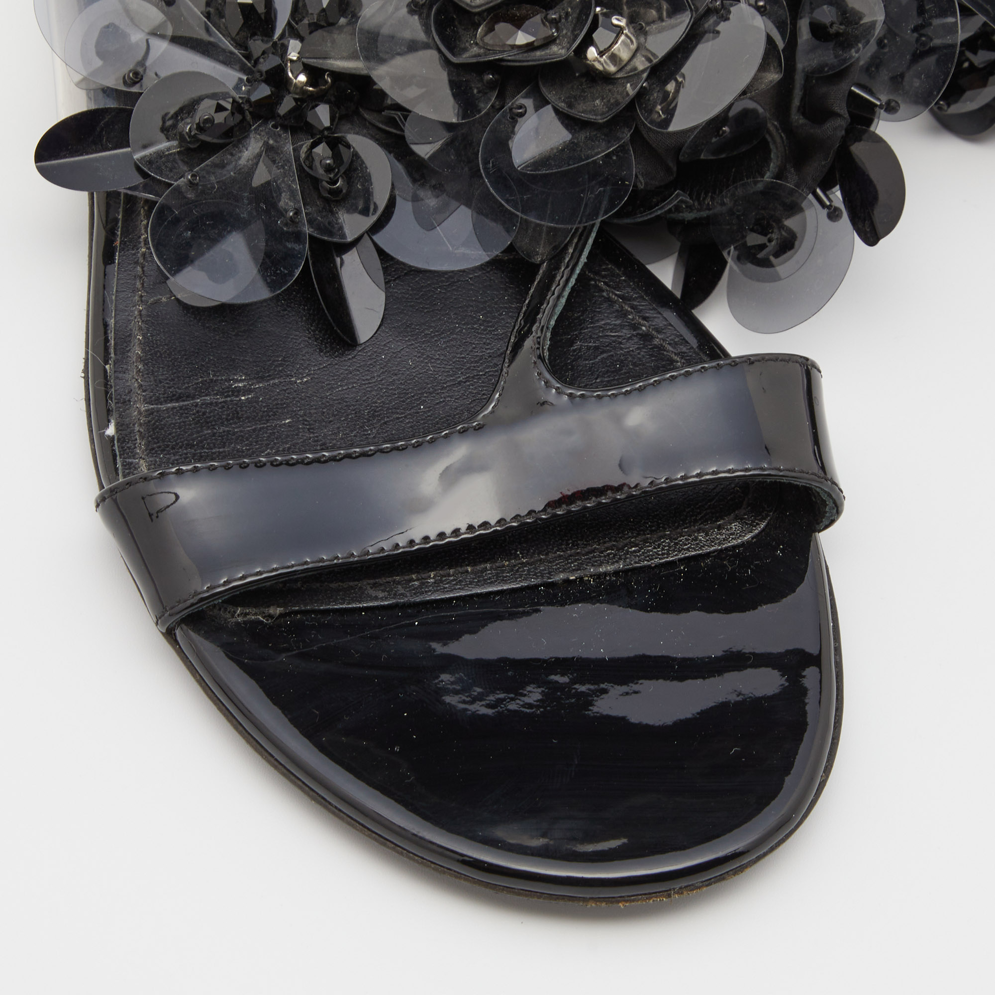 Prada Black Patent Leather And PVC Crystal/Beads Embellished Flat Sandals Size 38