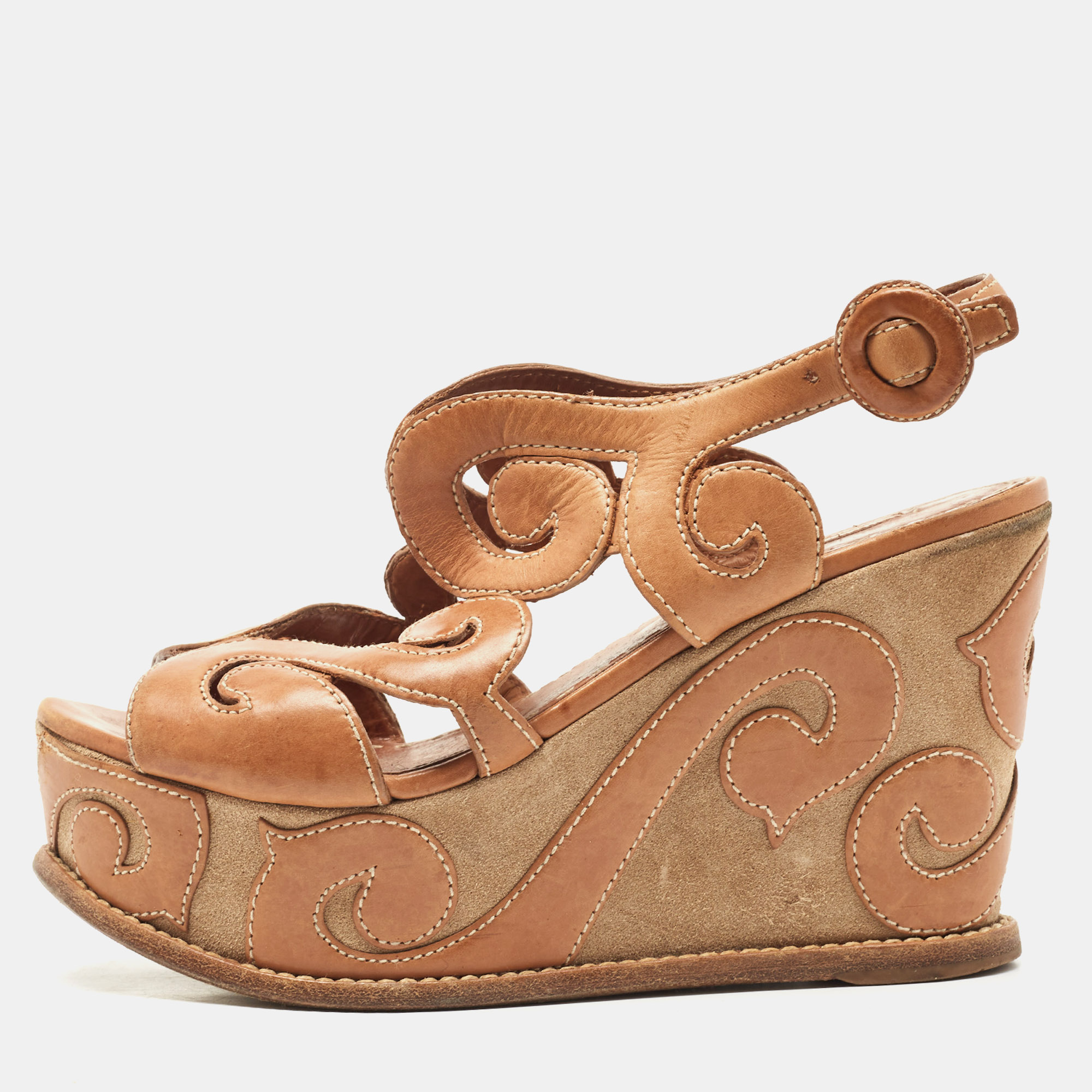 Prada Brown Leather Cut Out Wedge Sandals Size 36.5