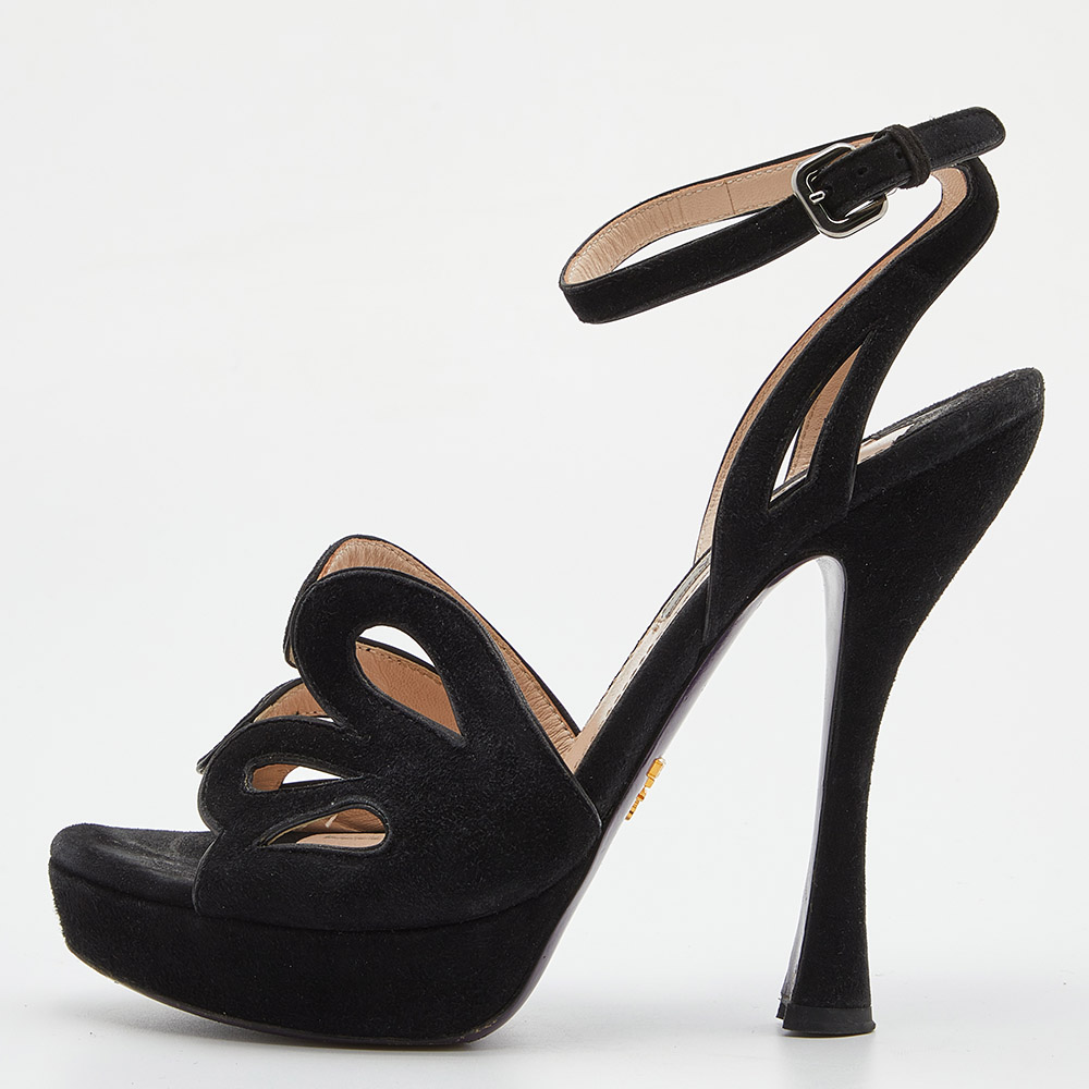 Prada Black Suede Platform Ankle Strap Sandals Size 38.5