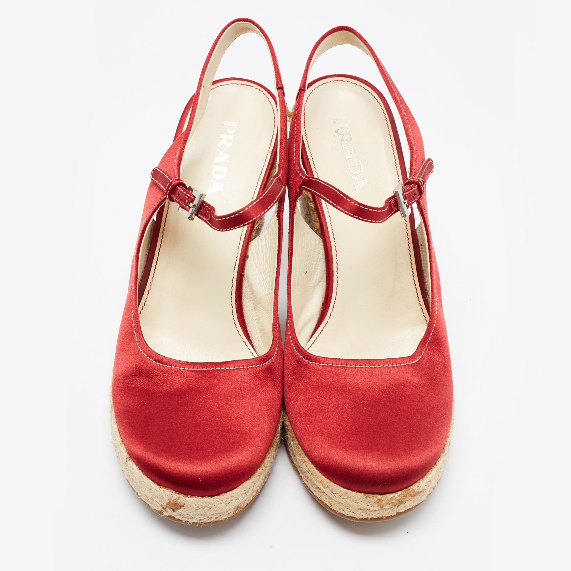Prada Red Satin Espadrille Platform Wedge Slingback Sandals Size 39
