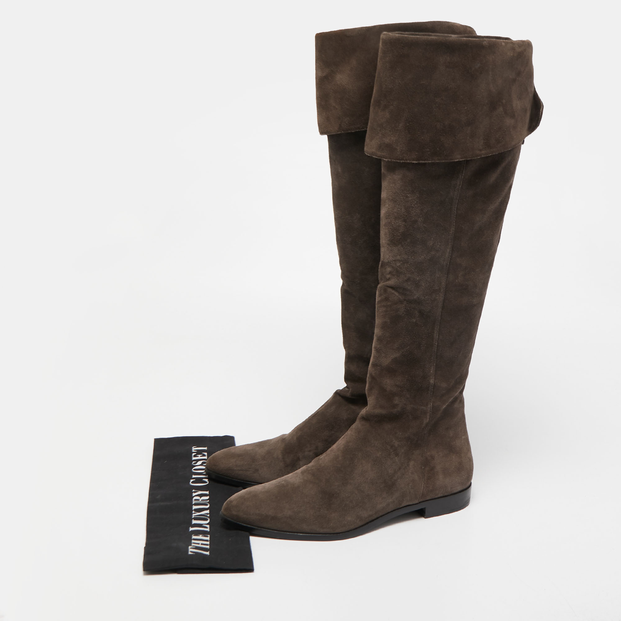 Prada Dark Brown Suede Fold Over Knee Length Boots Size 37