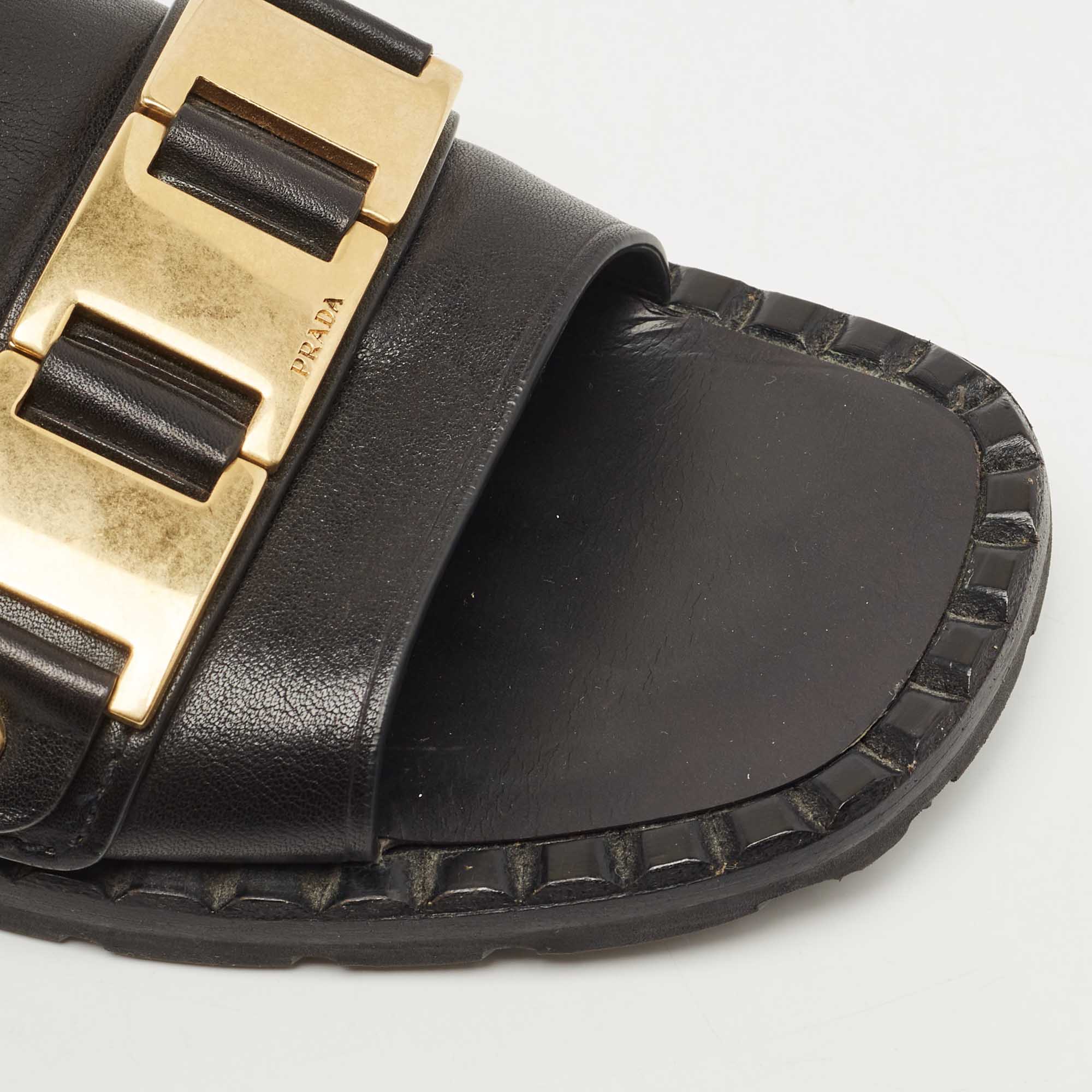 Prada Black Leather Logo Slide Flats Size 38