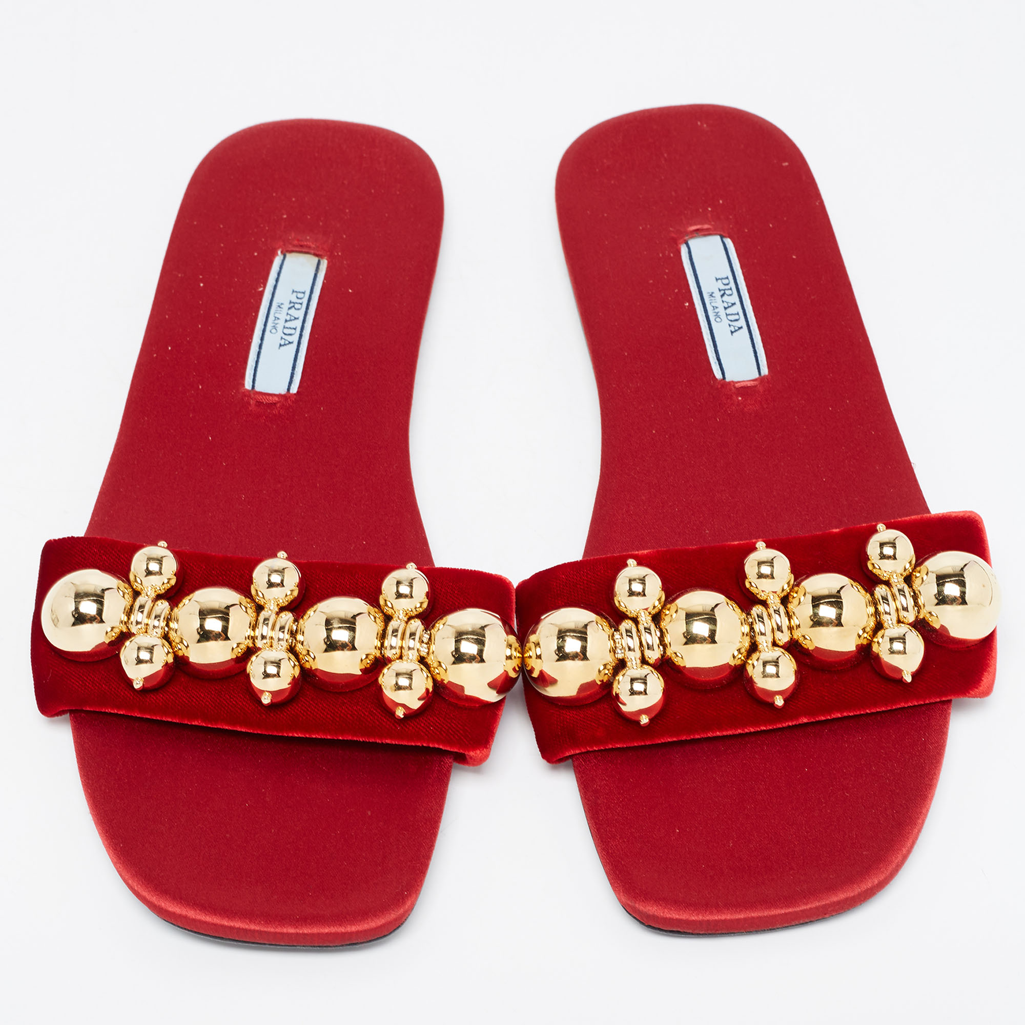 Prada Red Satin/Velvet  Embellished  Flat Slides Size 36.5
