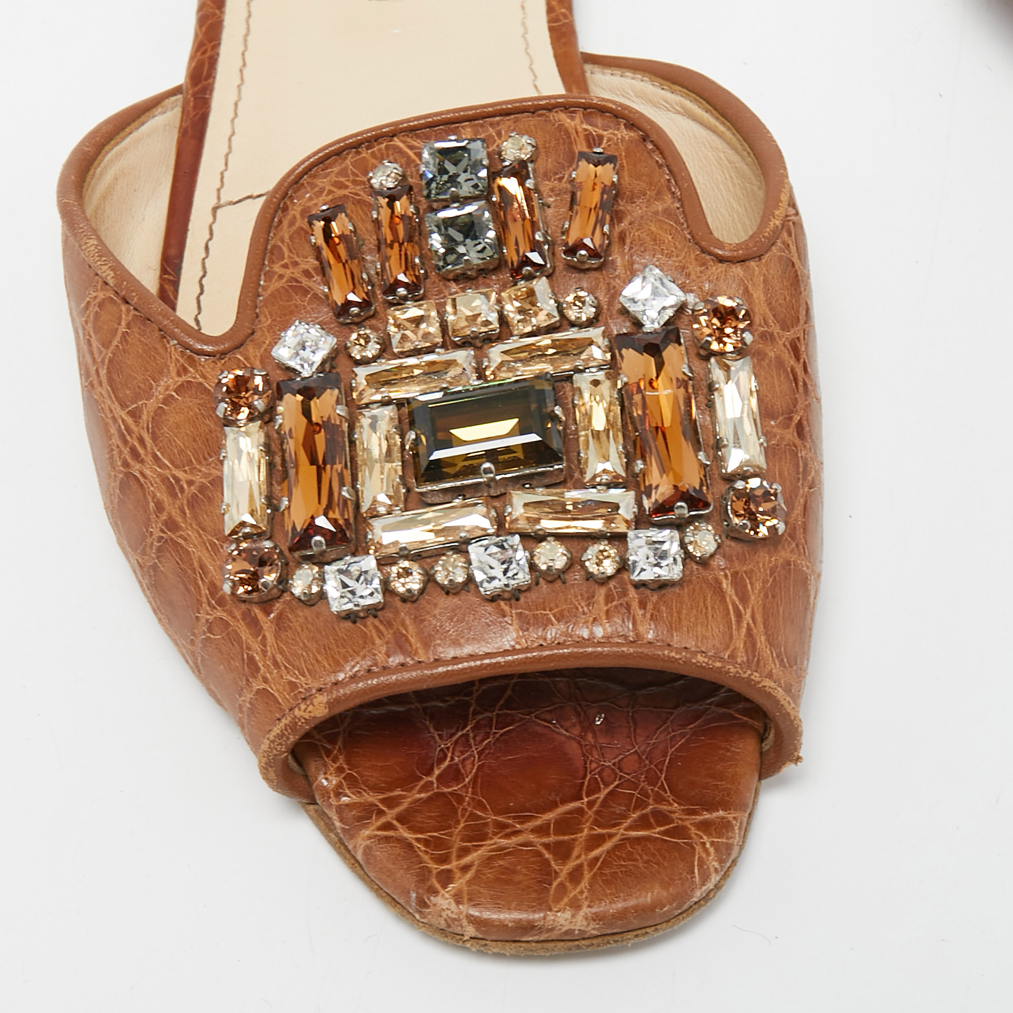 Prada Brown Croc Embossed Leather Crystal Embellished Slide Flats Size 36.5