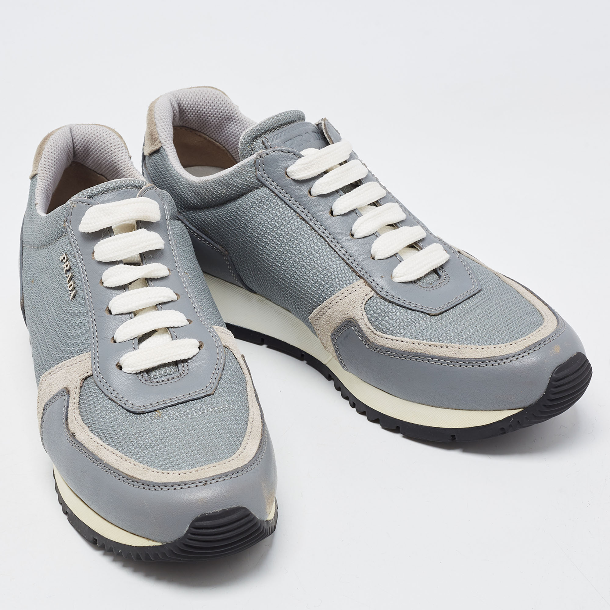 Prada Grey Mesh And Leather Low Top Sneakers Size 37.5