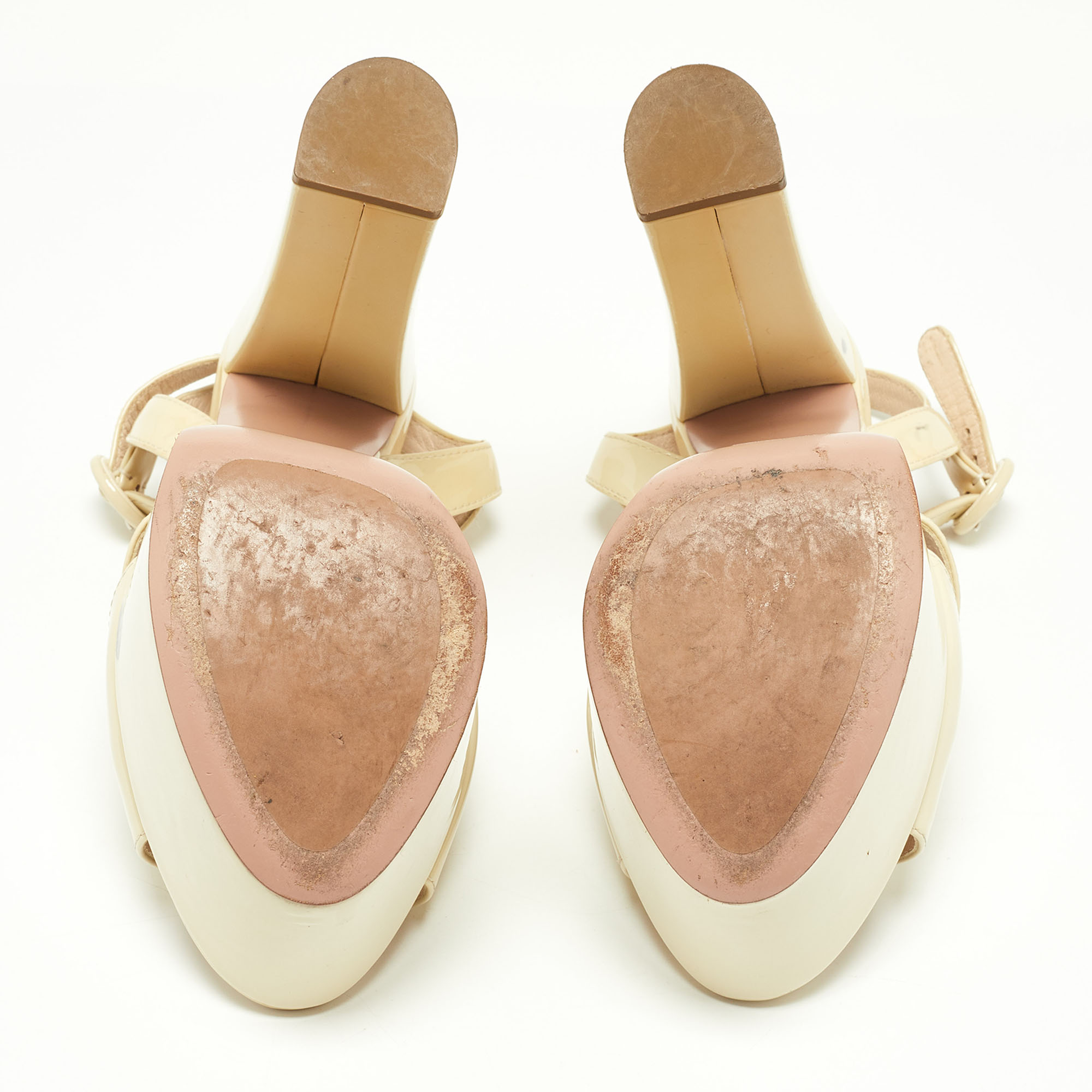 Prada Beige Patent Leather Ankle Strap Block Heel Platform Sandals Size 36.5