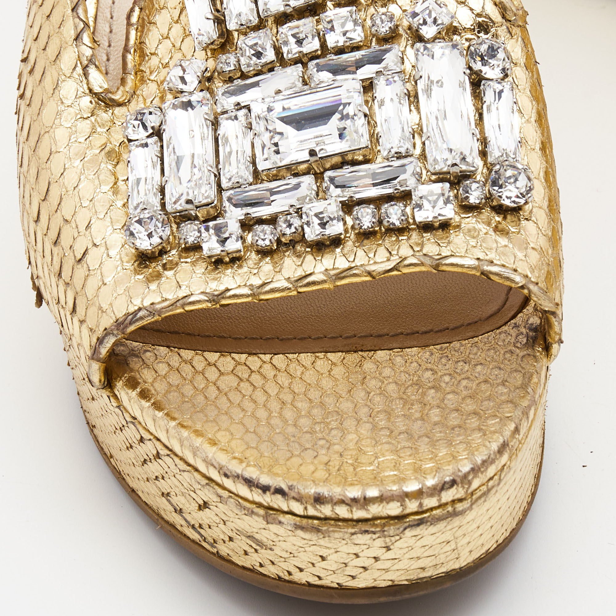 Prada Gold Embossed Snakeskin Crystal Embellished Wedge Sandals Size 37.5