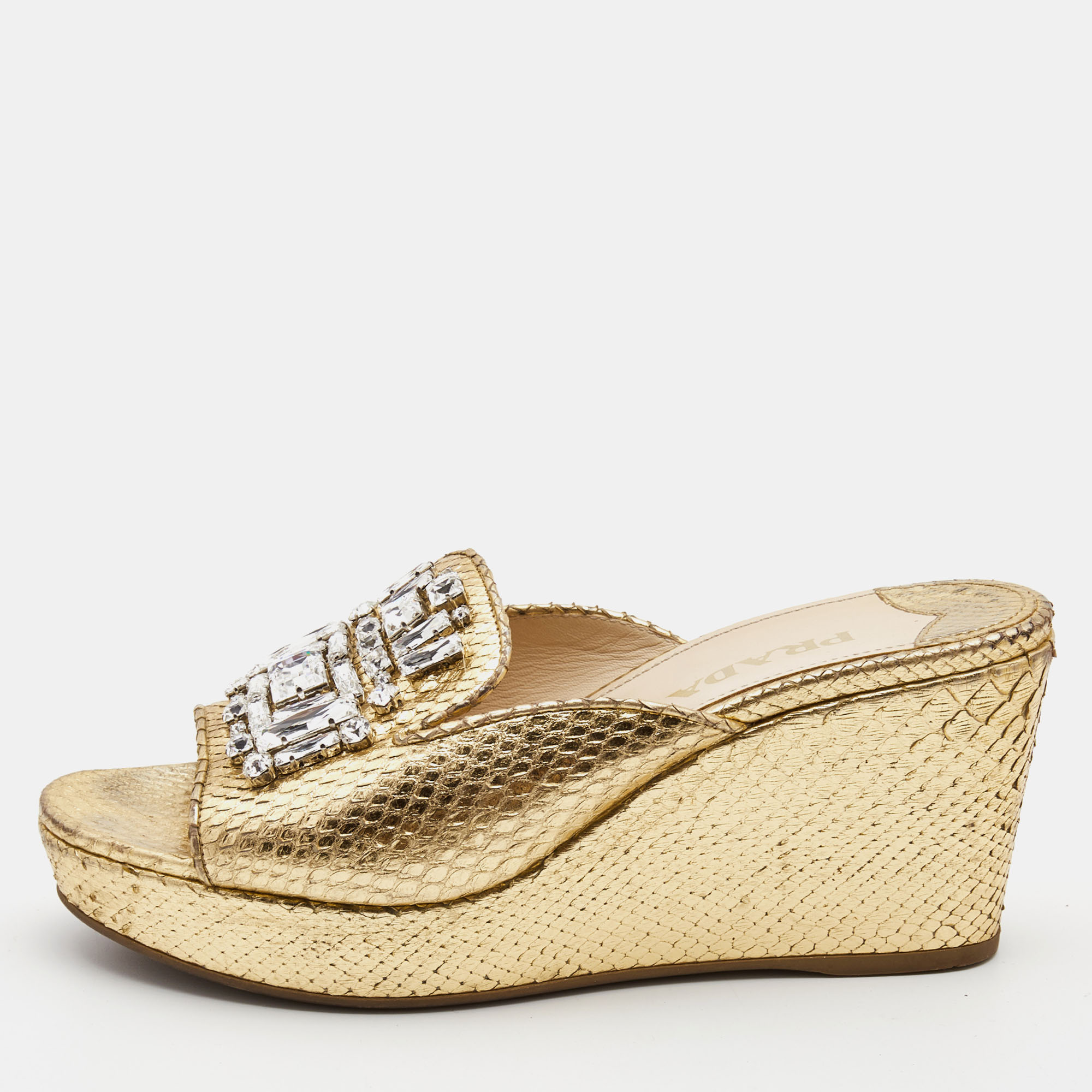Prada Gold Embossed Snakeskin Crystal Embellished Wedge Sandals Size 37.5