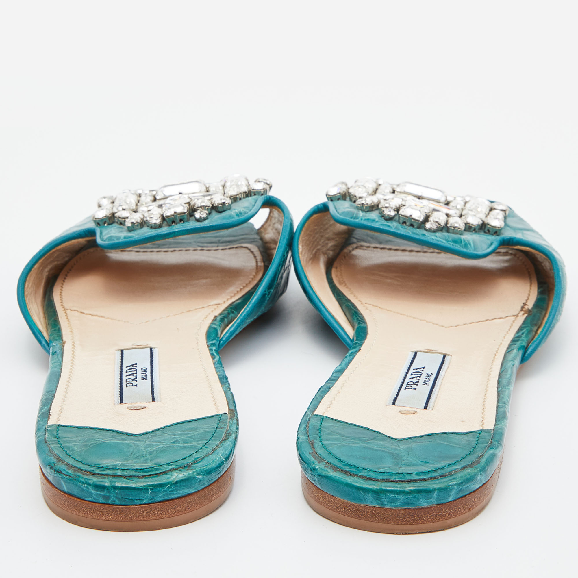 Prada Teal Croc Embossed Leather Crystal Embellished Flat Slides Size 37