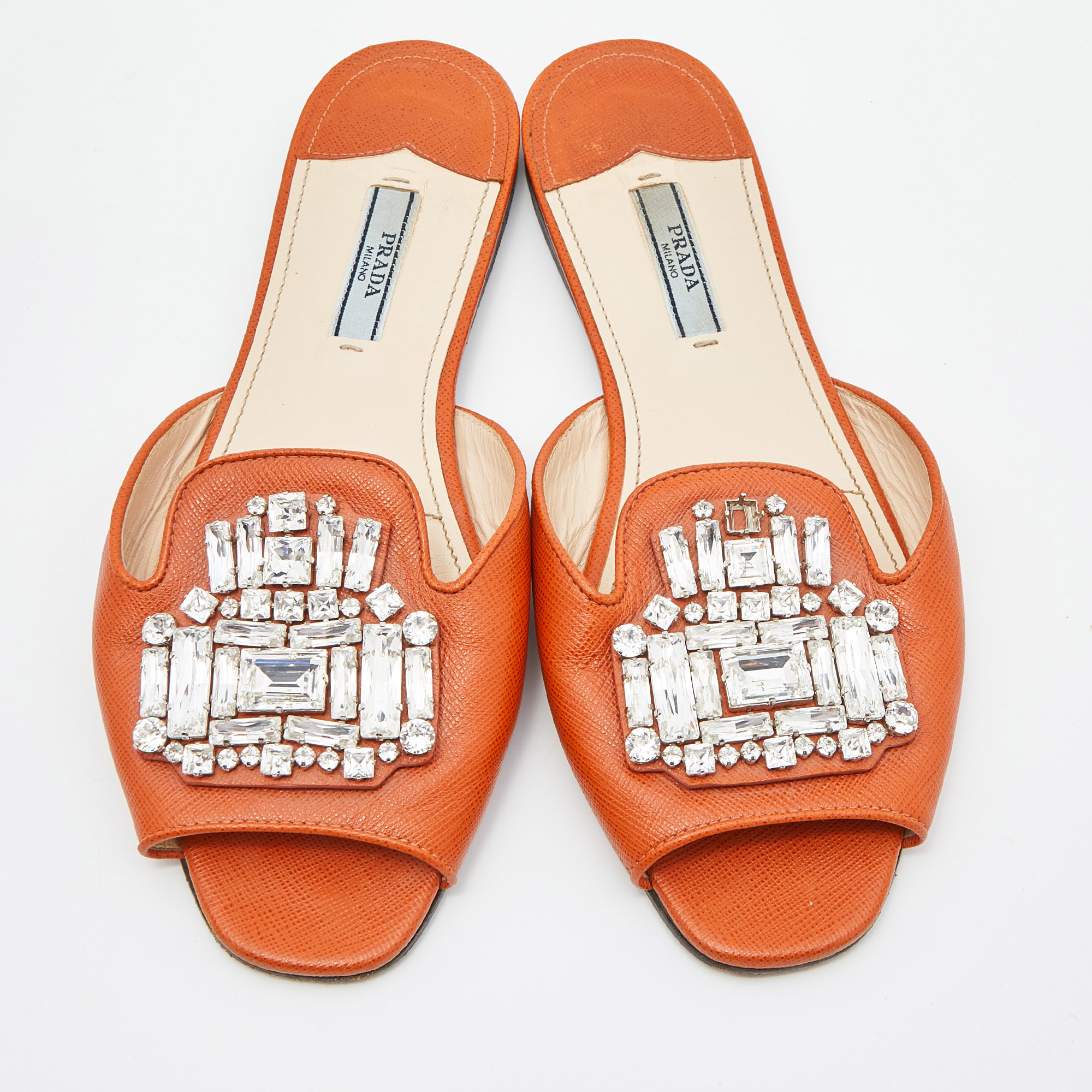 Prada Orange Patent Leather Crystal Embellished Flat Slides Size 38