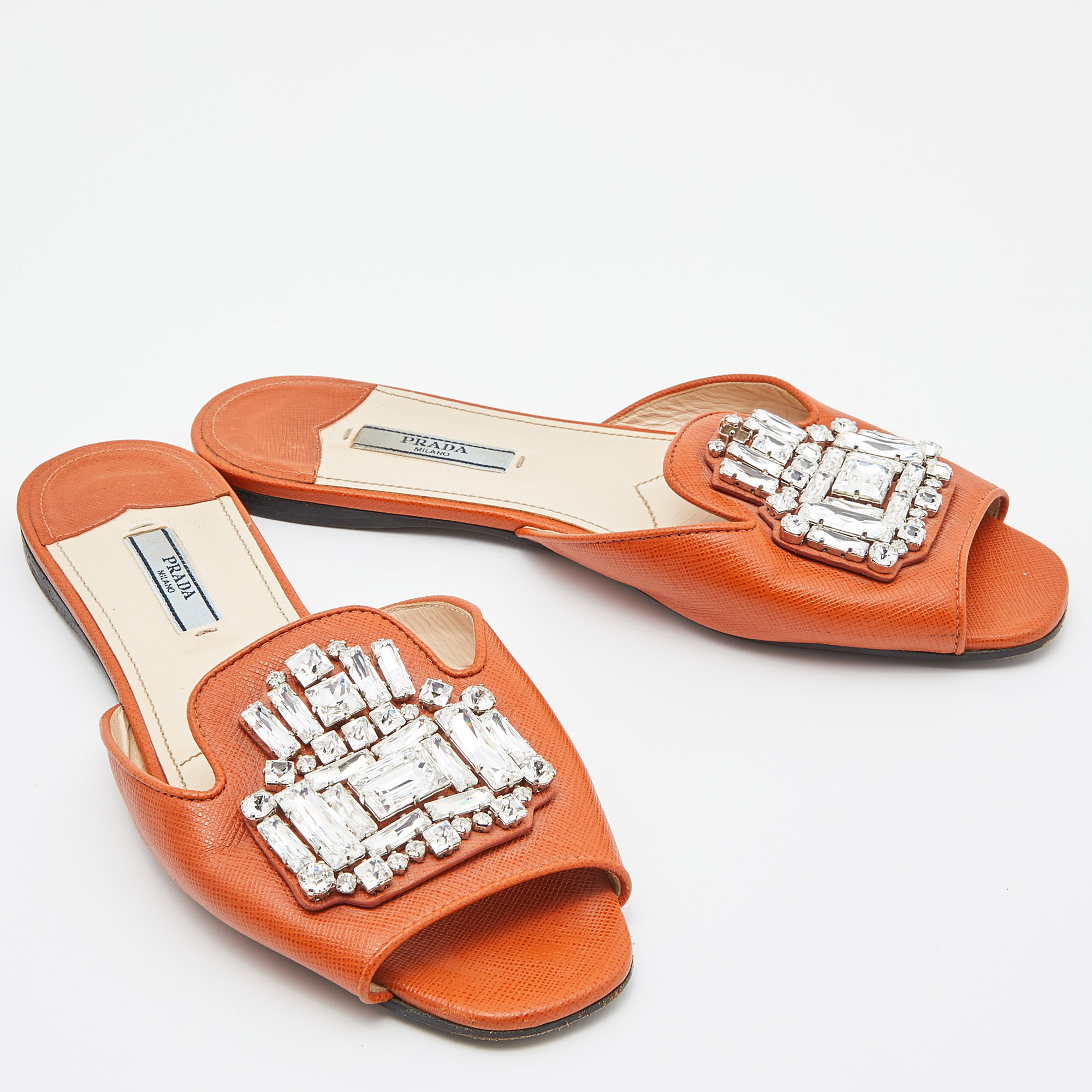 Prada Orange Patent Leather Crystal Embellished Flat Slides Size 38