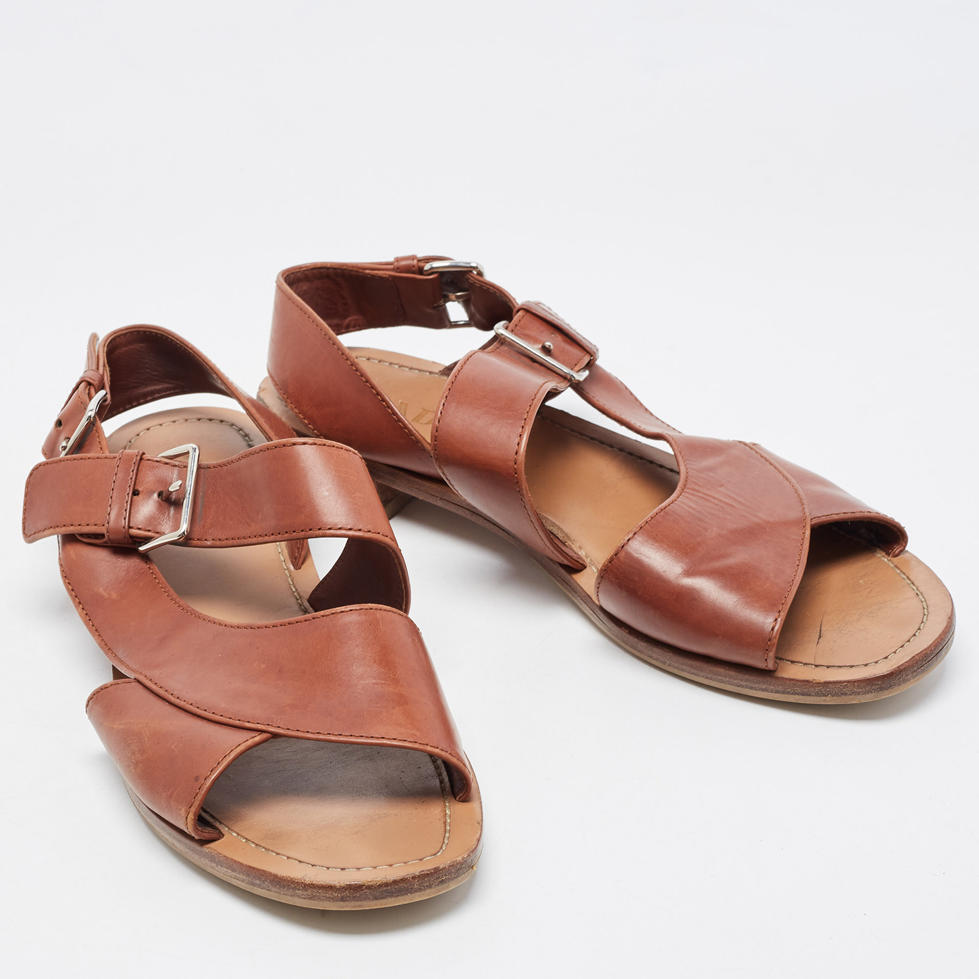 Prada Brown Leather Flat Strappy Sandals Size 38.5