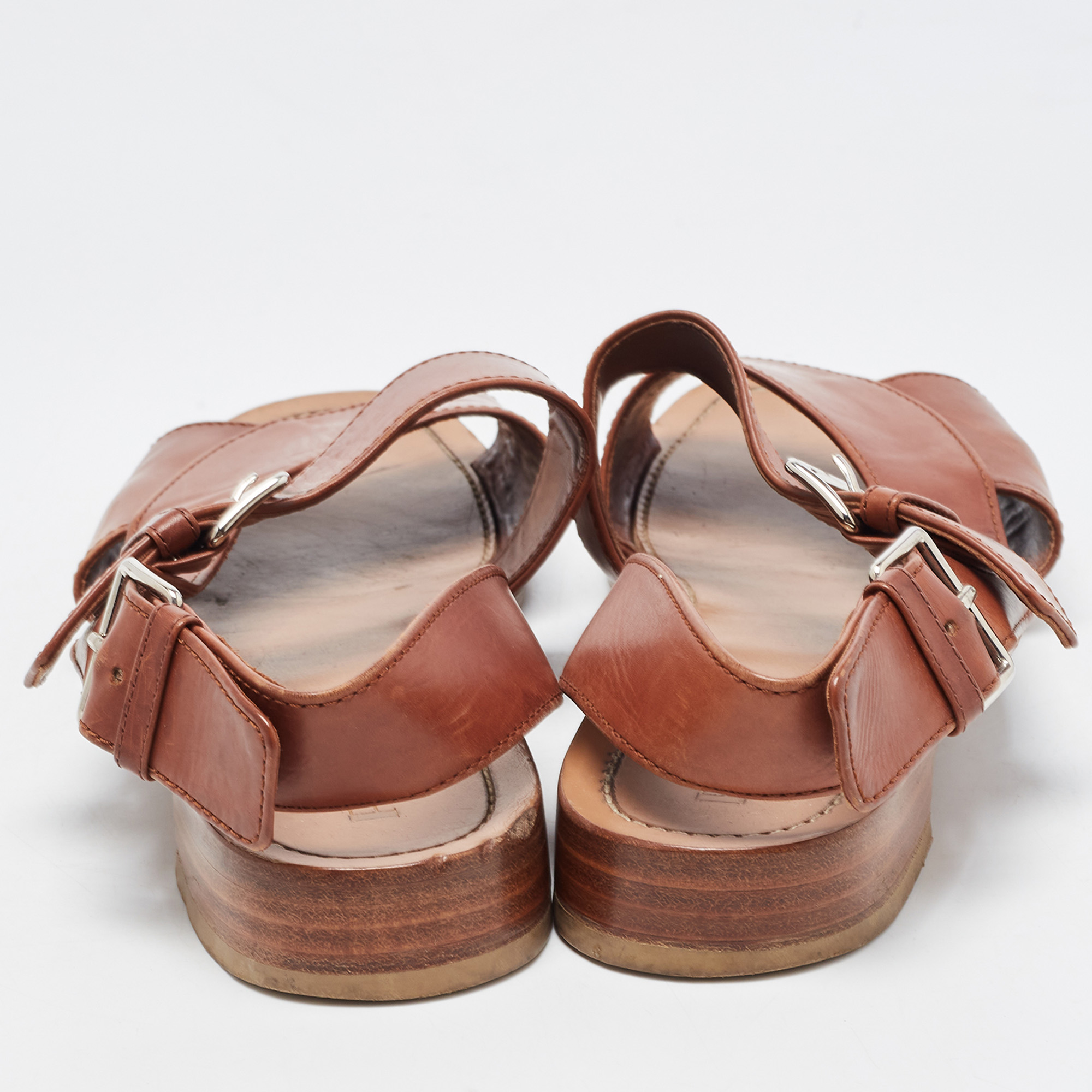 Prada Brown Leather Flat Strappy Sandals Size 38.5