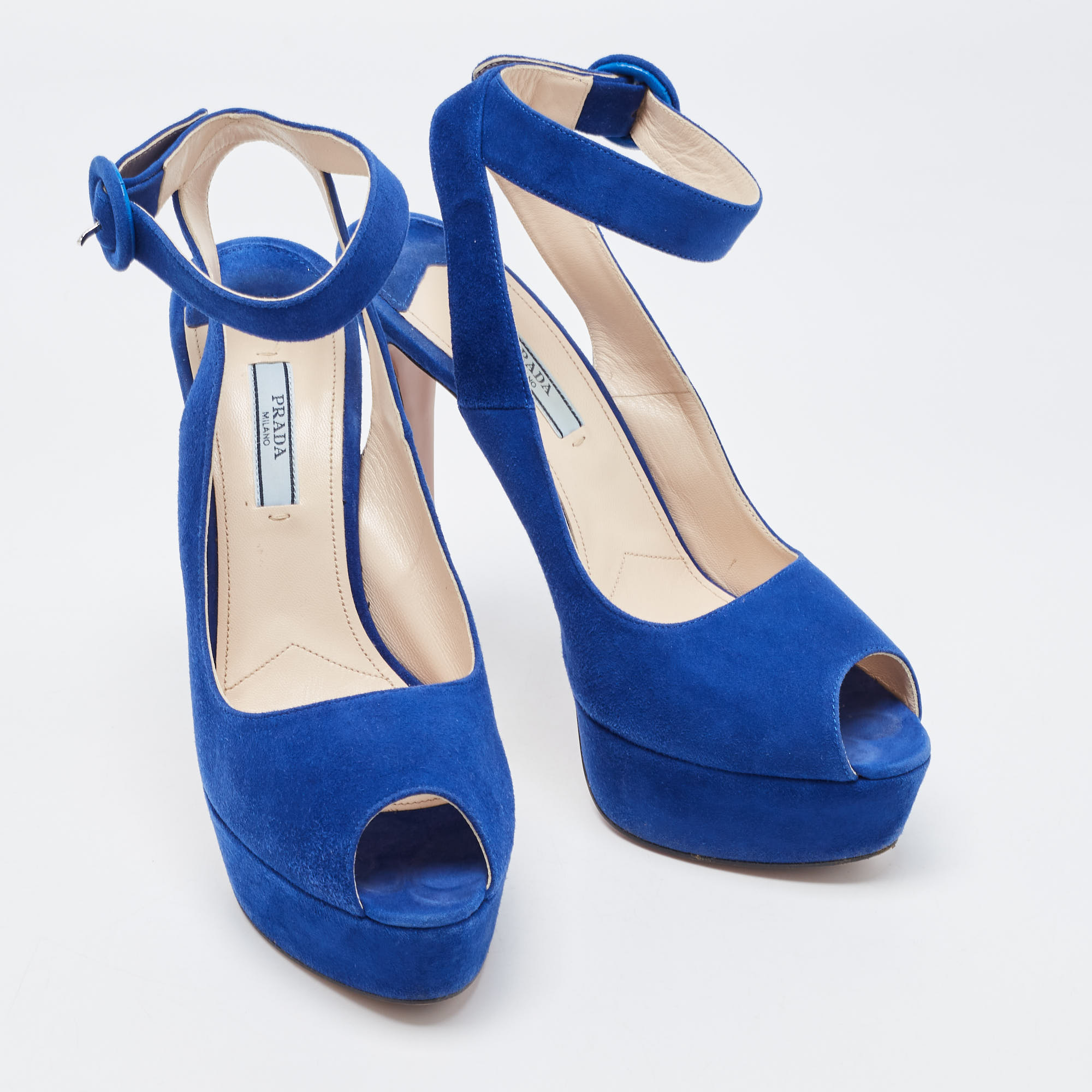 Prada Blue Suede Peep Toe Platform Ankle Strap Sandals Size 39