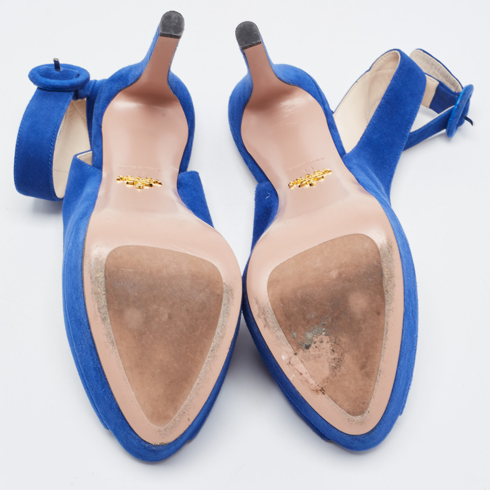 Prada Blue Suede Peep Toe Platform Ankle Strap Sandals Size 39