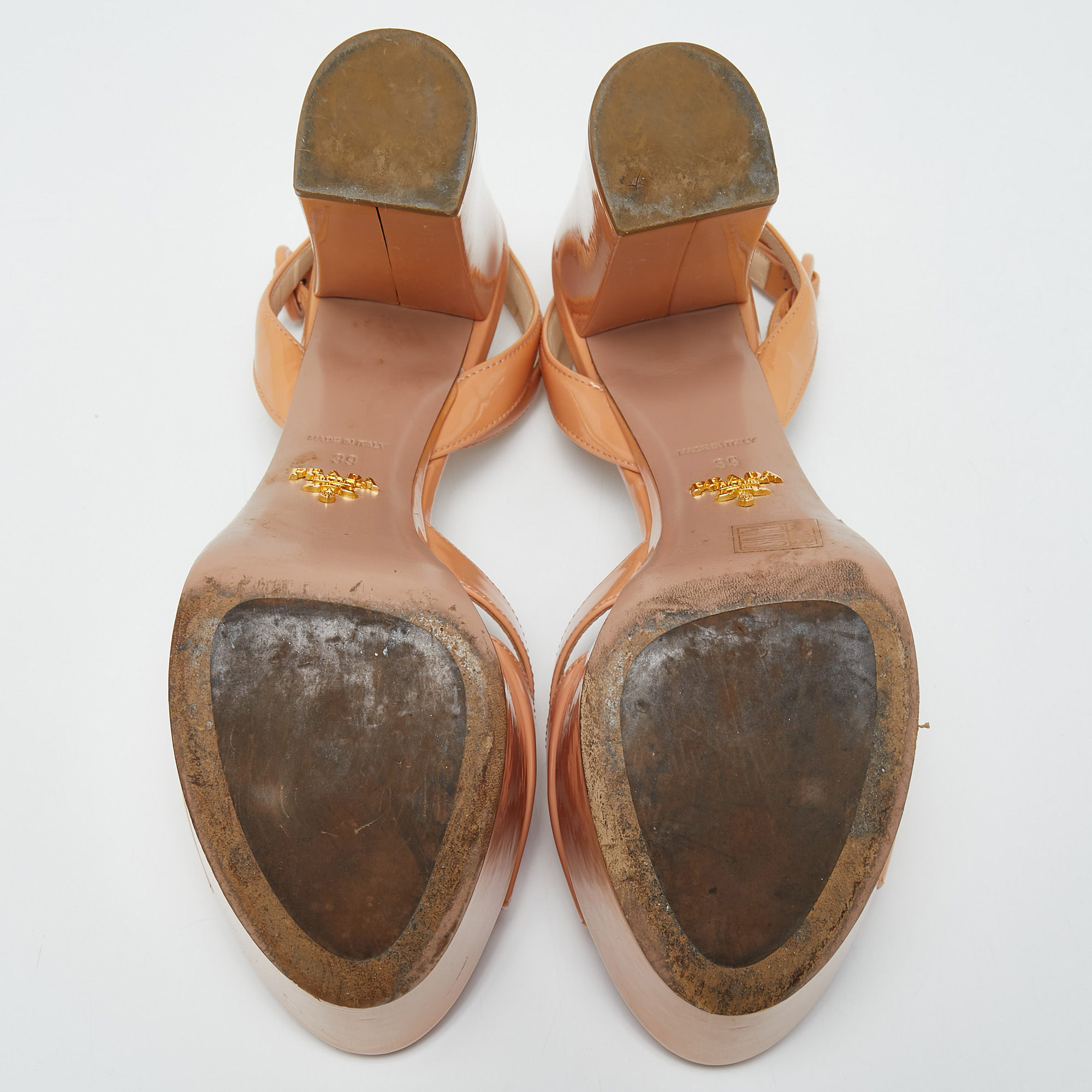 Prada Beige Patent Leather Platform Ankle Strap Sandals Size 39