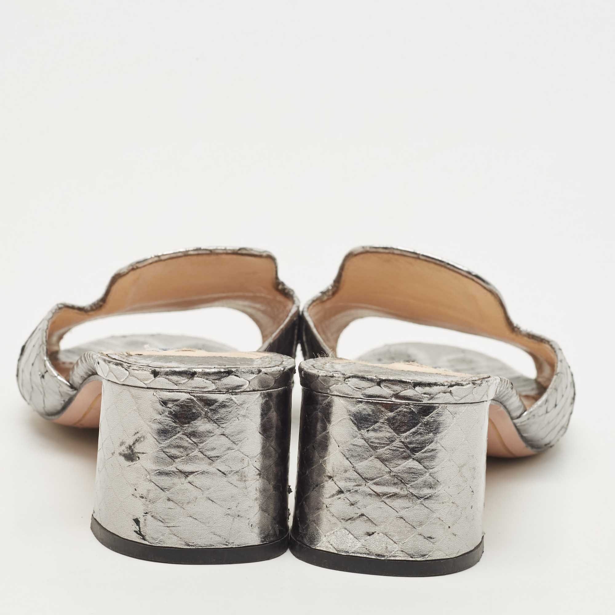 Prada Metallic Grey Python Embossed Leather Slide Sandals Size 37