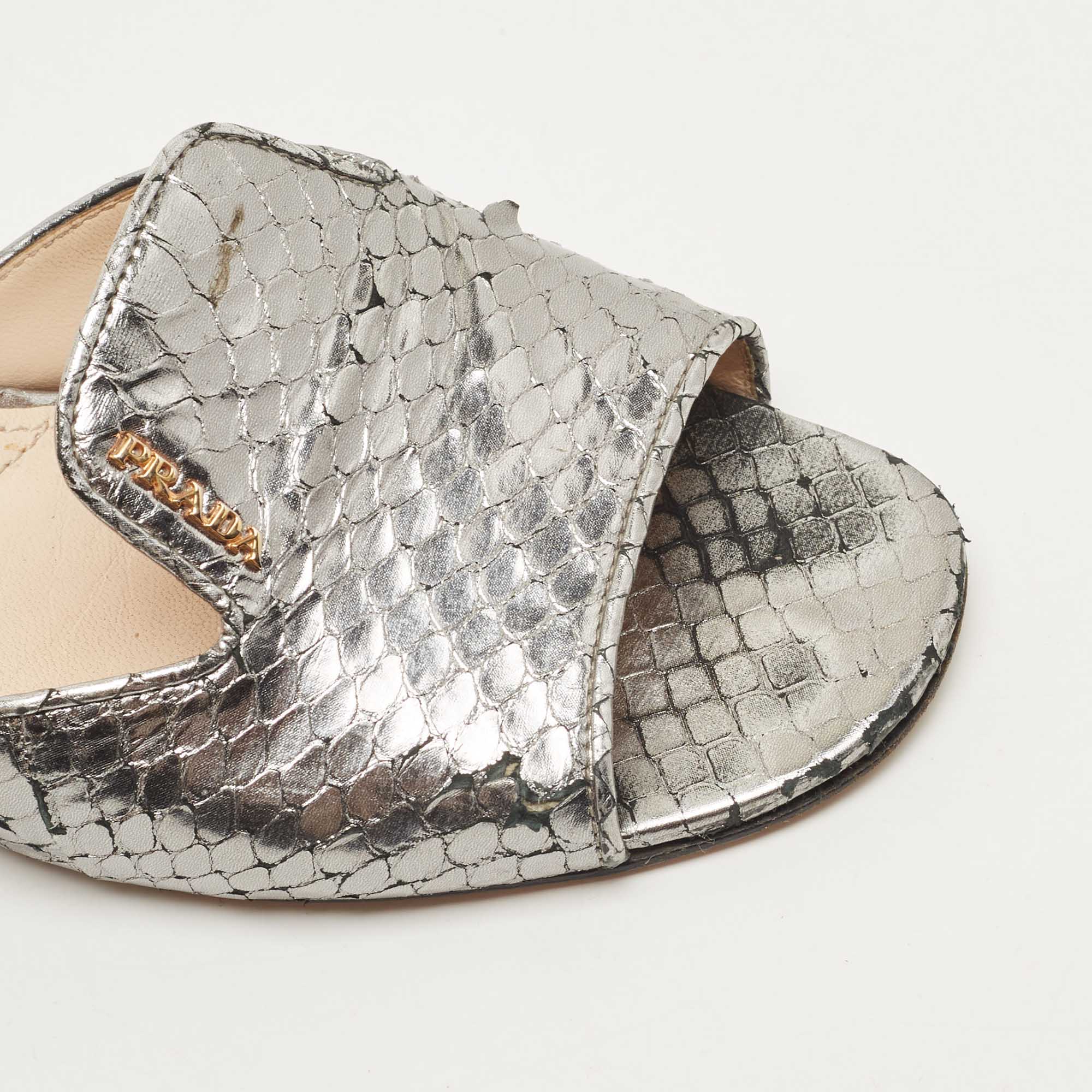Prada Metallic Grey Python Embossed Leather Slide Sandals Size 37