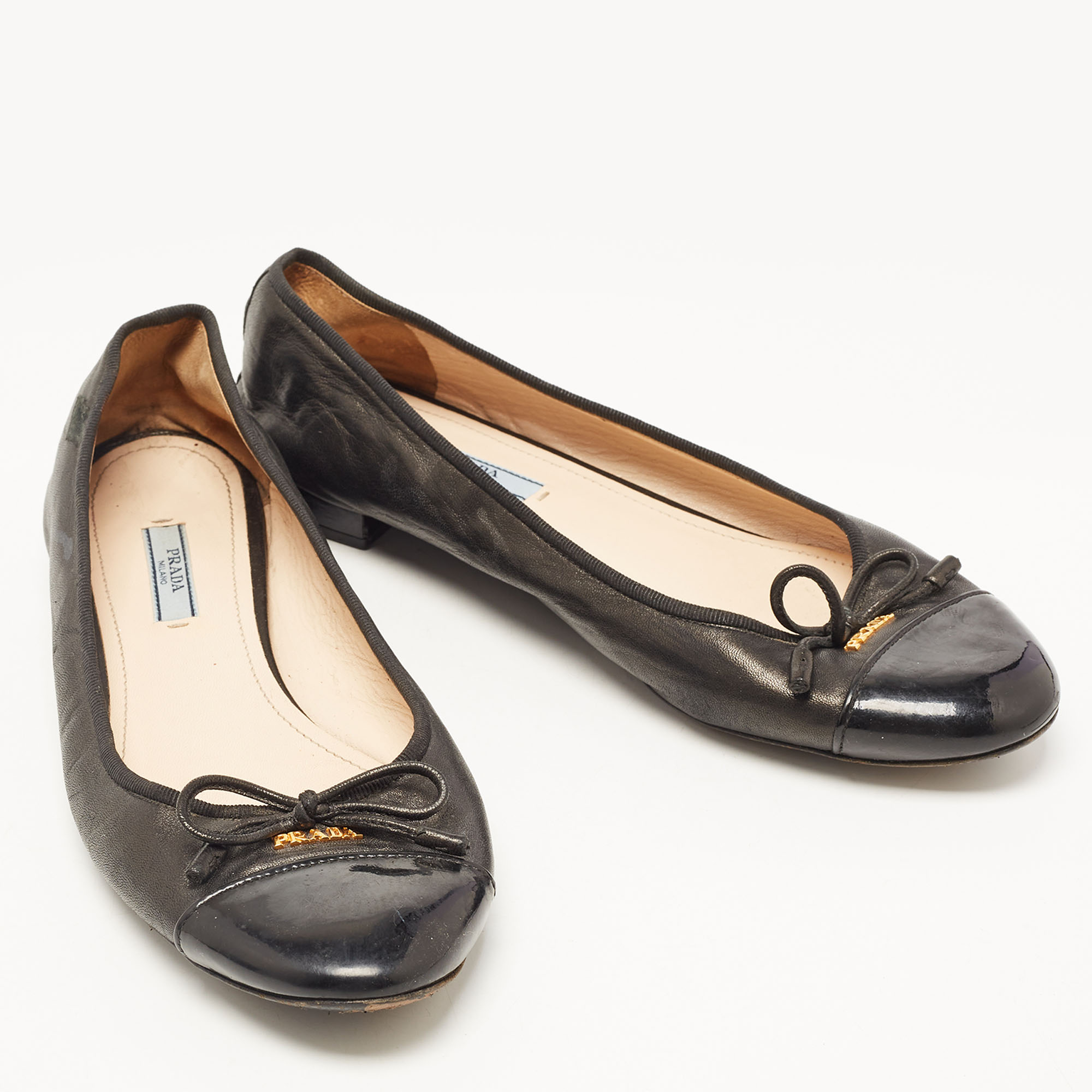 Prada Black Leather And Patent Cap Toe Bow Ballet Flats Size 40.5