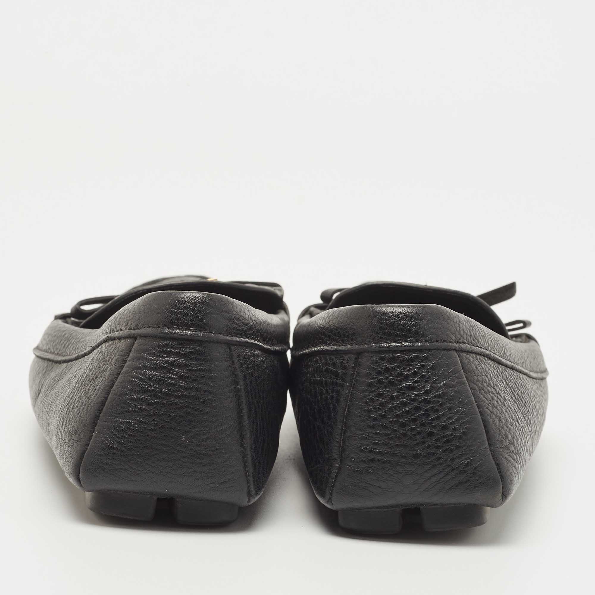Prada Black Leather Logo Embellished Bow Slip On Loafers Size 38.5