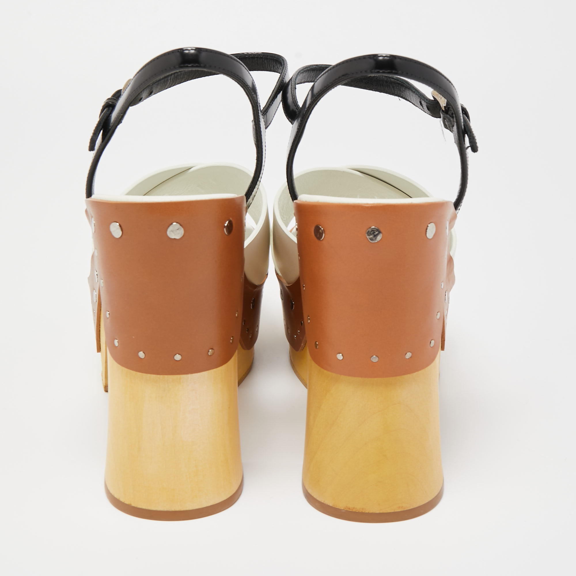 Prada White/Black Leather Studded Platform Block Heel Ankle Strap Sandals Size 40