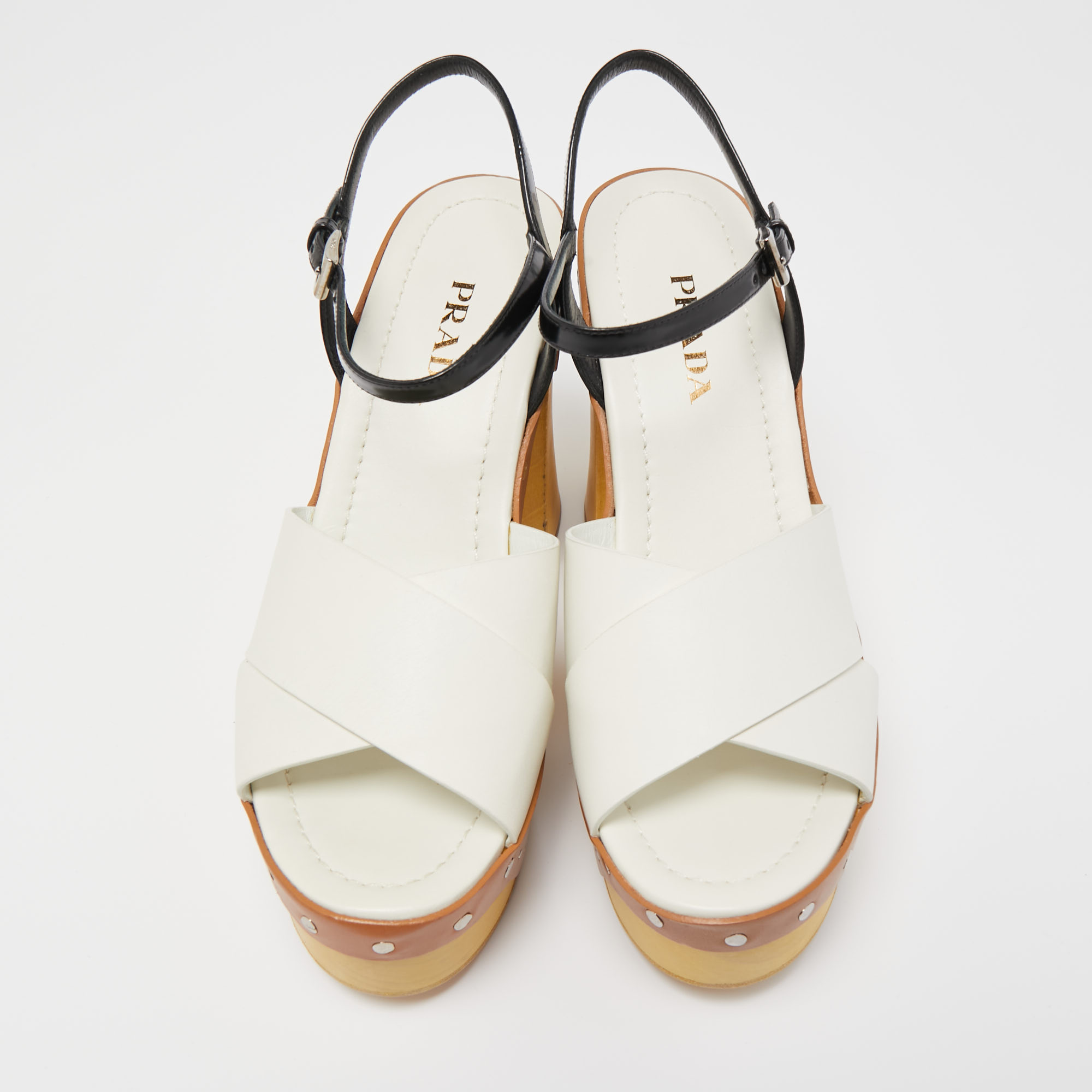 Prada White/Black Leather Studded Platform Block Heel Ankle Strap Sandals Size 40