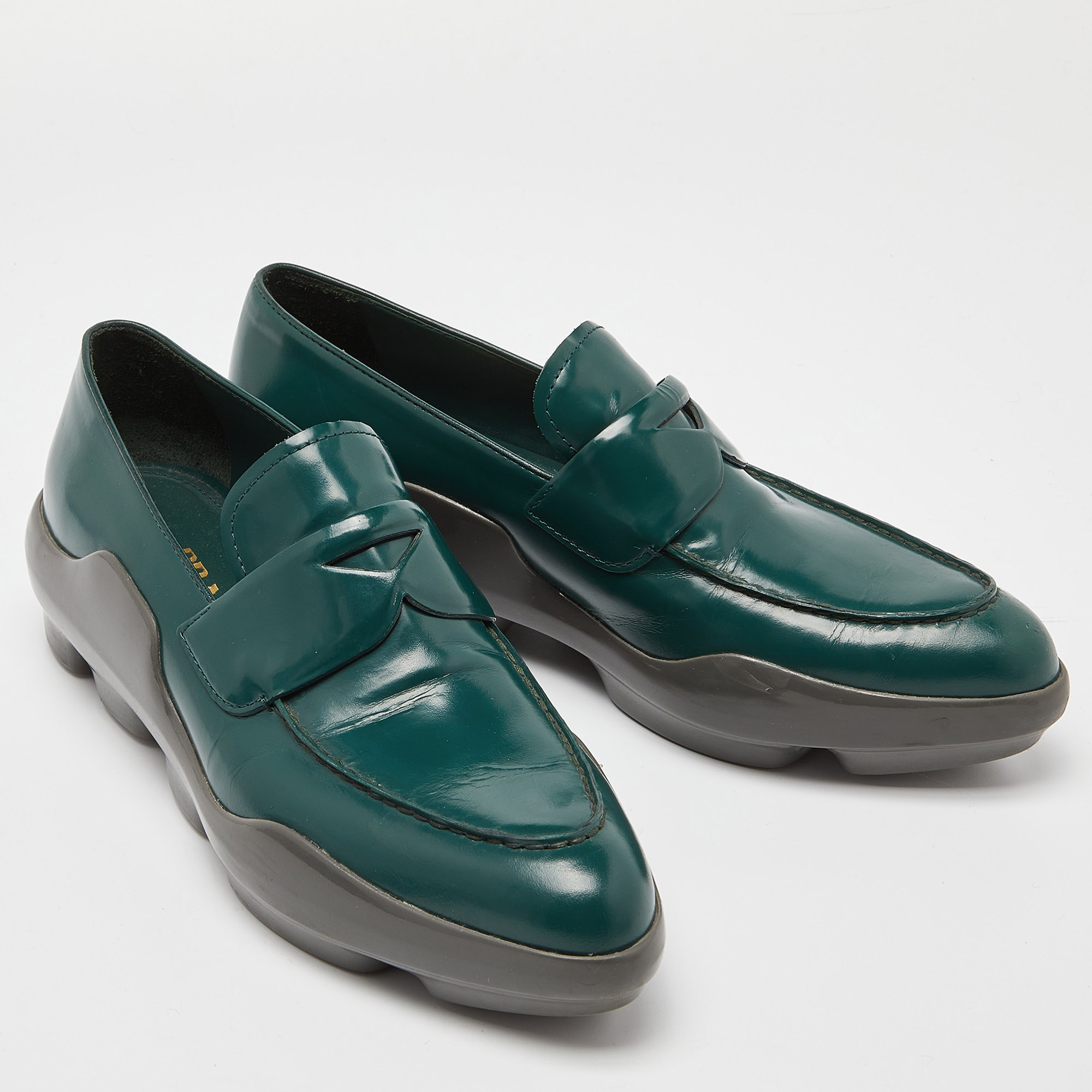 Prada Green/Grey Leather And Rubber Penny Platform Loafers 39.5