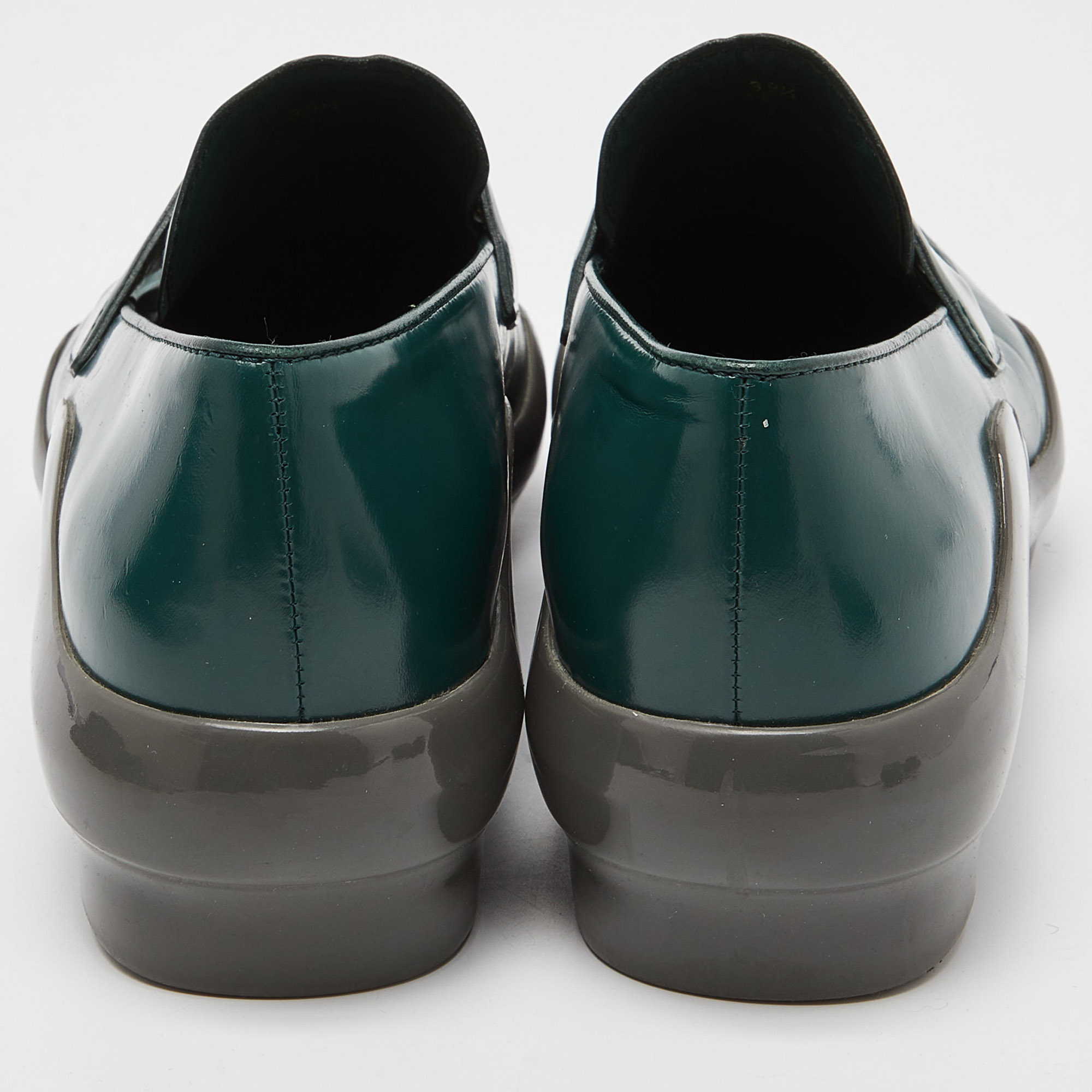 Prada Green/Grey Leather And Rubber Penny Platform Loafers 39.5