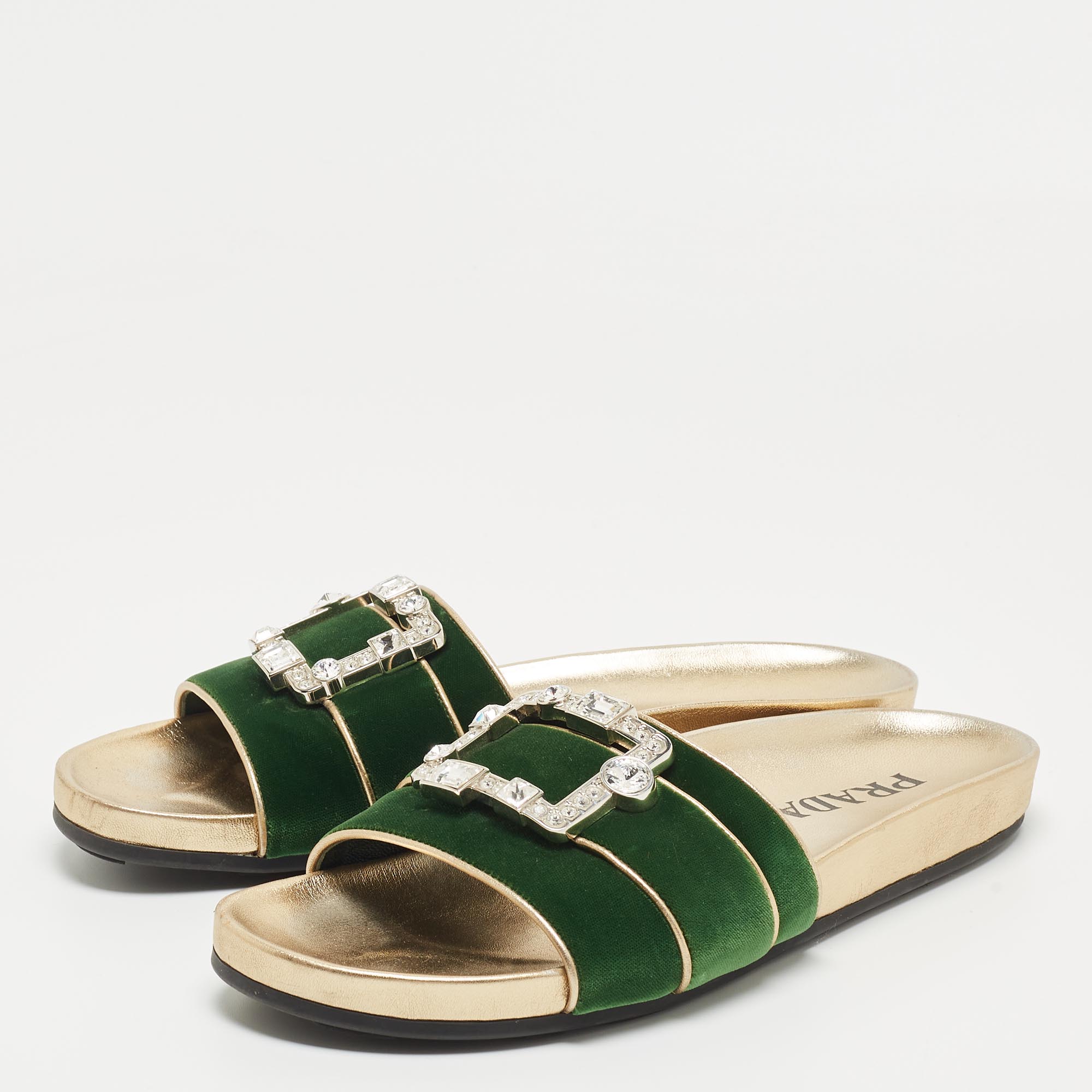 Prada Green/Gold Velvet And Leather Buckle Detail Slides Sizes 39.5