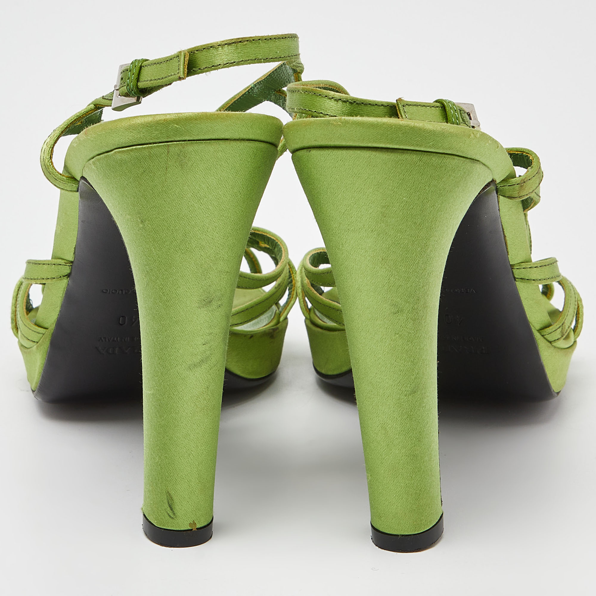 Prada Green Satin Strappy Open Toe Platform Slingback Sandals Size 40