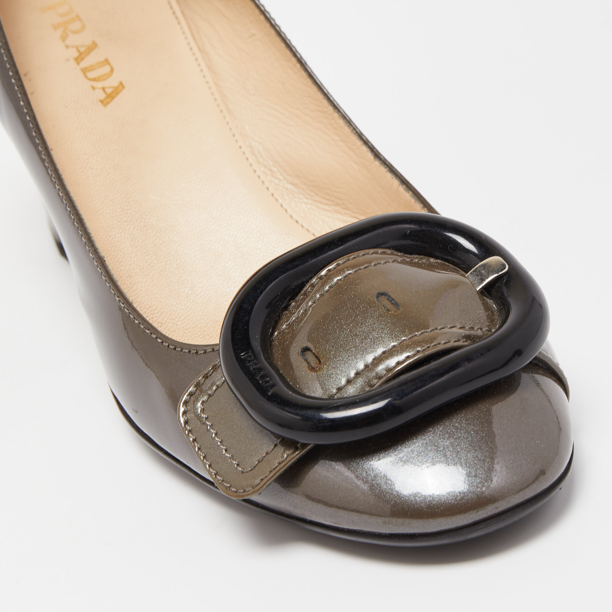 Prada Dark Grey Patent Leather Buckle Detail Block Heel Pumps Size 36.5
