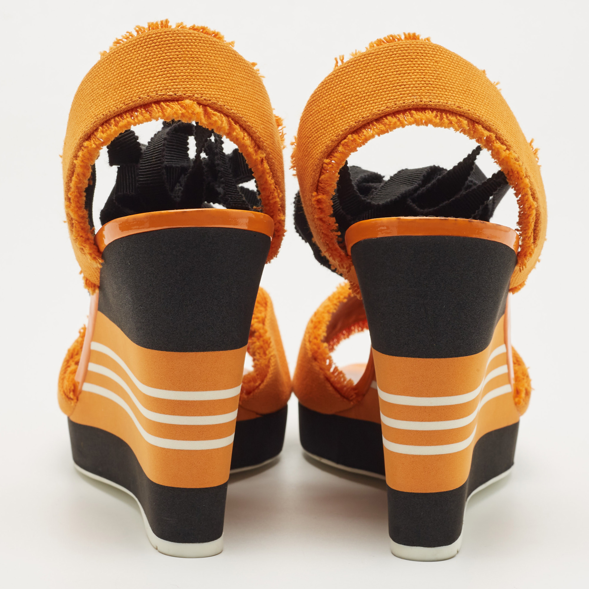 Prada Orange/Black Canvas Wedge Platform Ankle Wrap Sandals Size 38