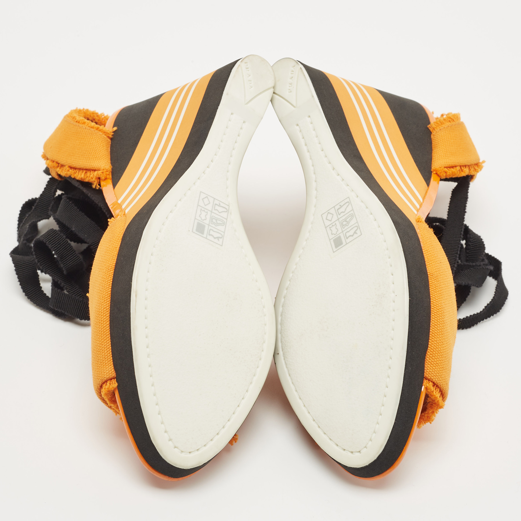Prada Orange/Black Canvas Wedge Platform Ankle Wrap Sandals Size 38