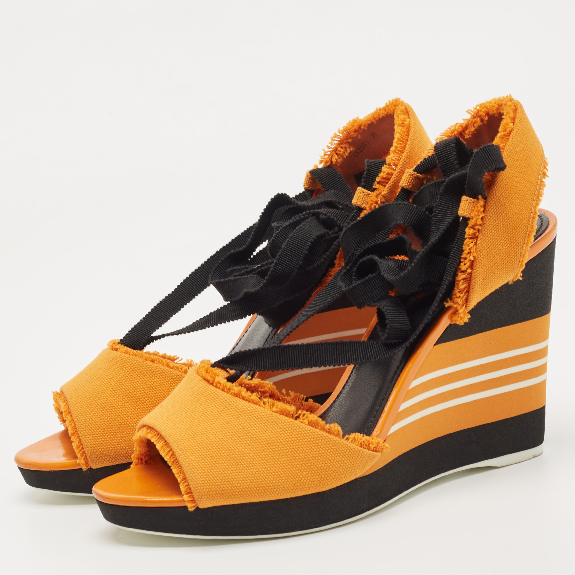 Prada Orange/Black Canvas Wedge Platform Ankle Wrap Sandals Size
Prada Orange/Black Canvas Wedge Platform Ankle Wrap Sandals Size