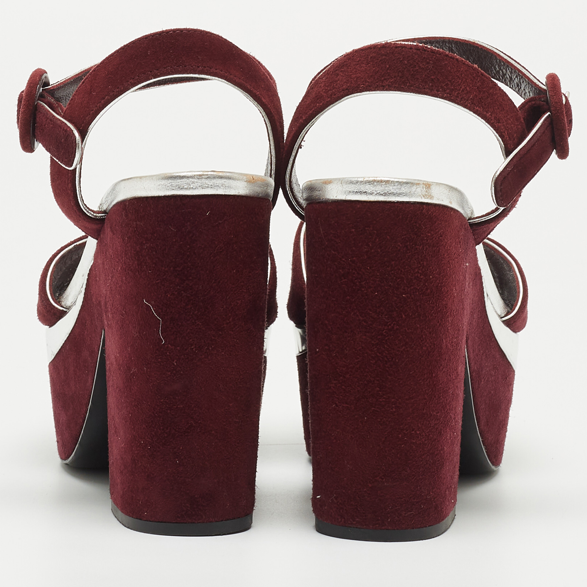 Prada Burgundy Suede Platform Block Heels Ankle Strap Sandals Size 36