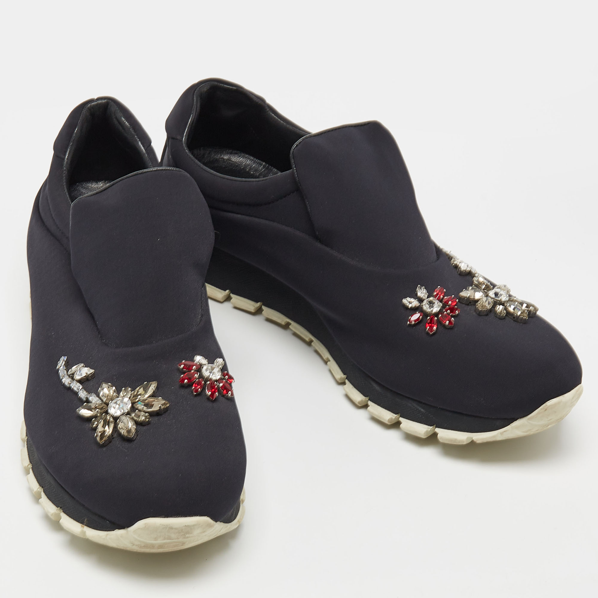 Prada Black Neoprene Crystal Embellished Slip On Sneakers Size 38