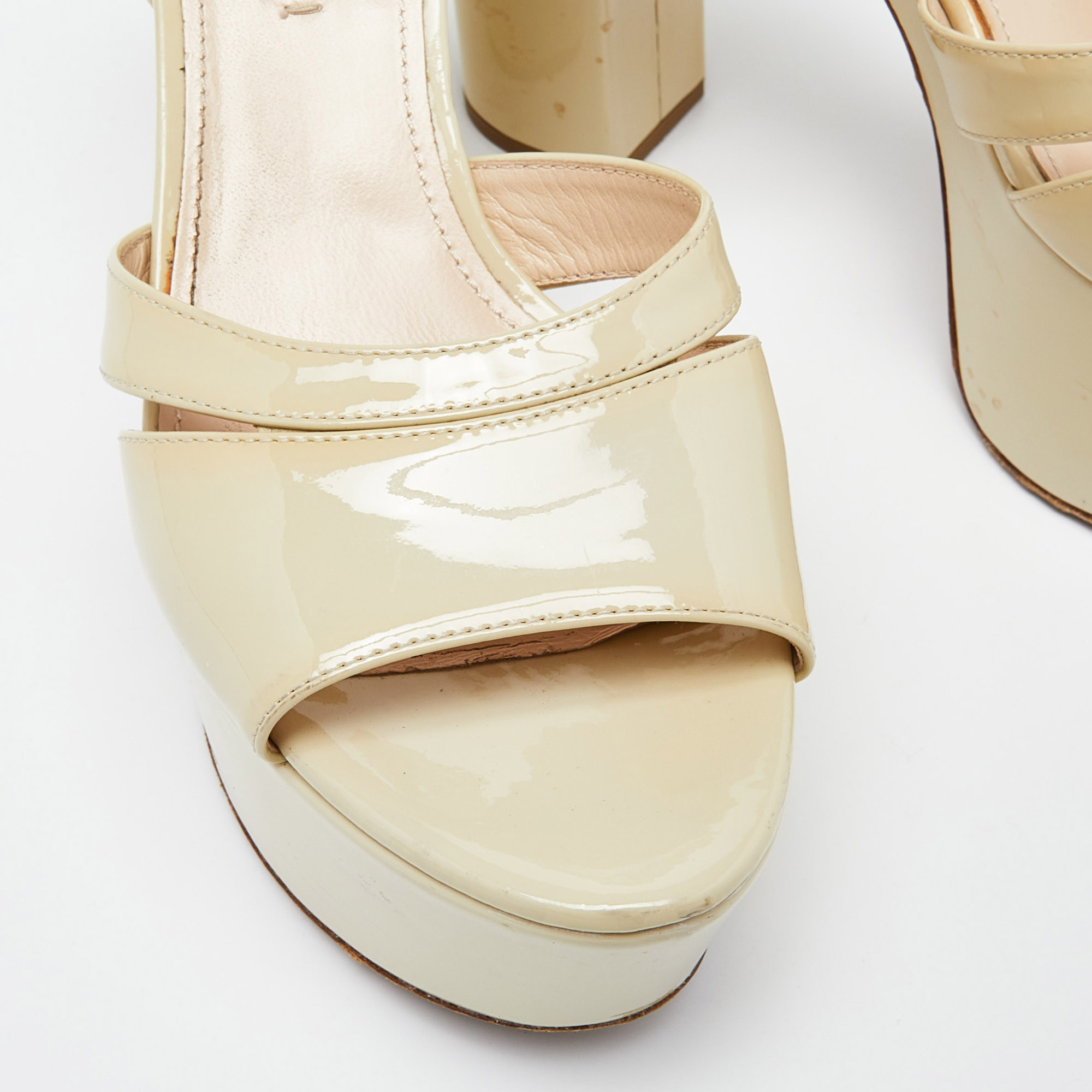 Prada Beige Patent Leather Platform Ankle Strap Sandals Size 37.5