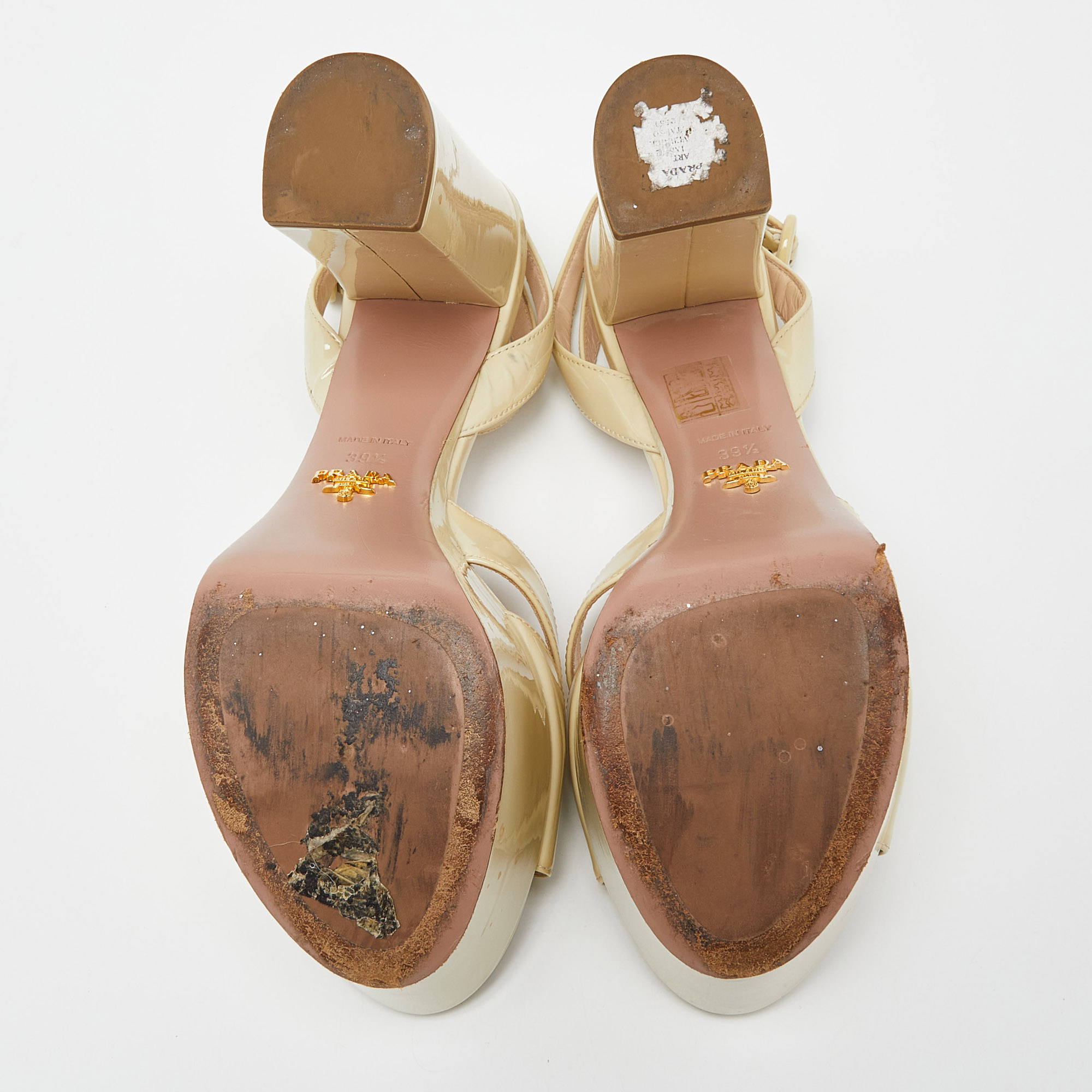 Prada Beige Patent Leather Platform Ankle Strap Sandals Size 37.5