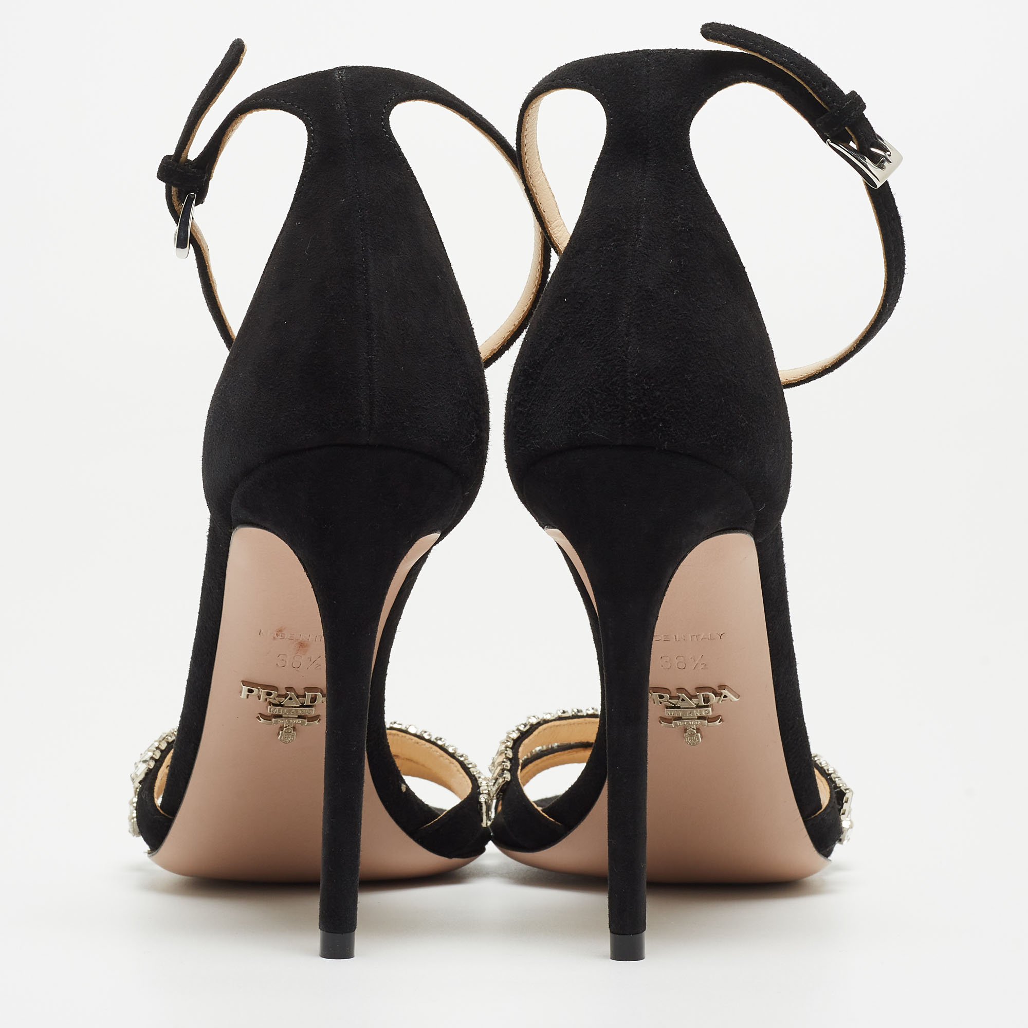 Prada Black Suede Crystals Embellished Ankle Strap Sandals Size 38.5