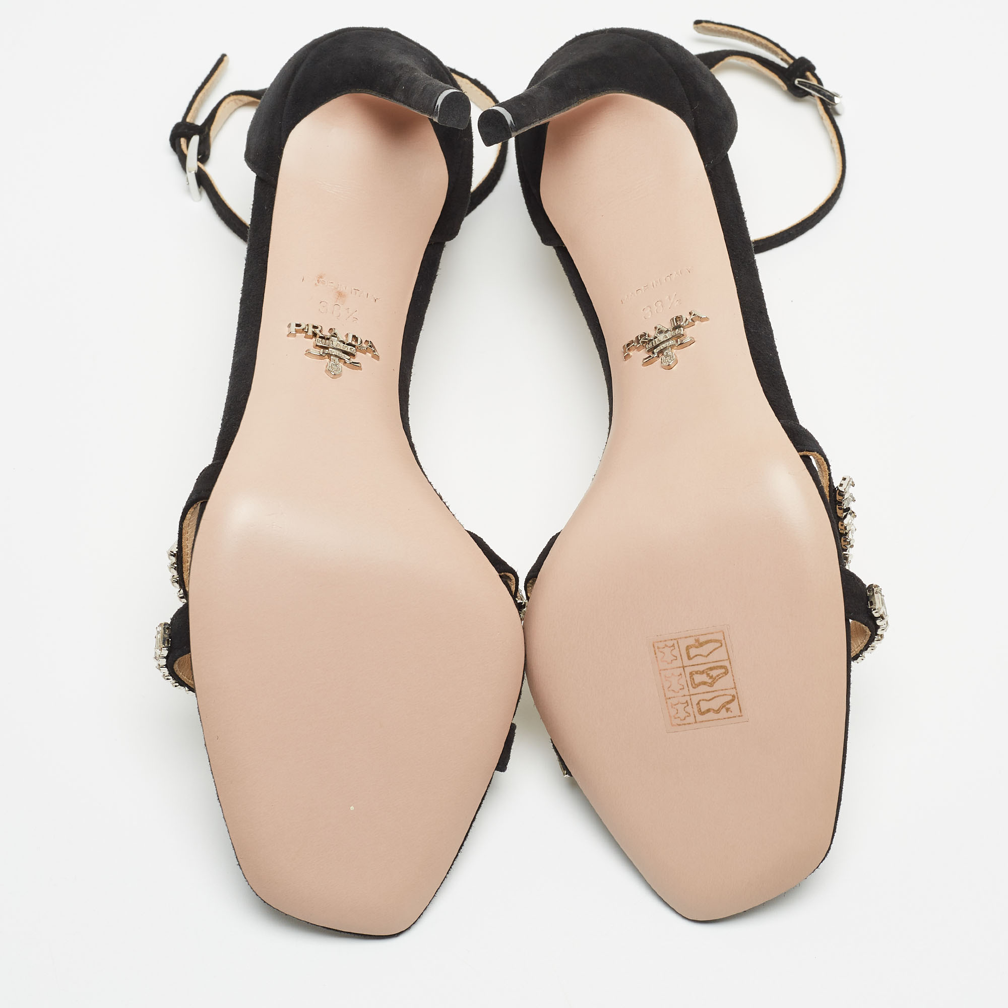 Prada Black Suede Crystals Embellished Ankle Strap Sandals Size 38.5
