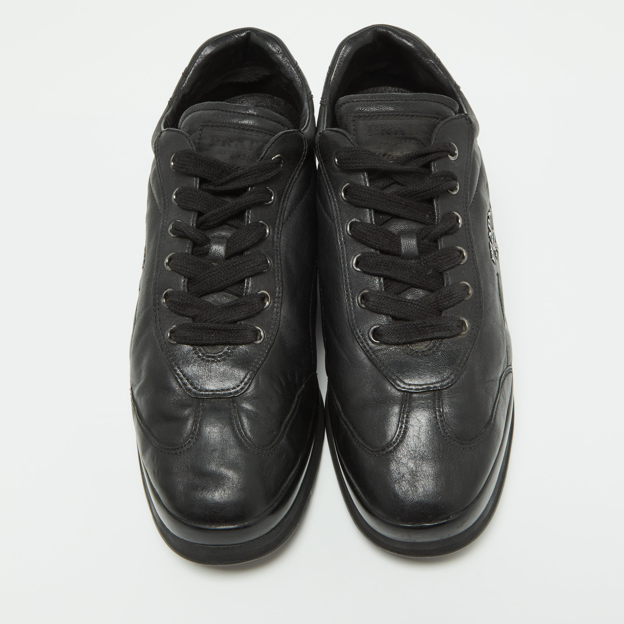 Prada Black Leather Low Top Sneakers Size 40.5