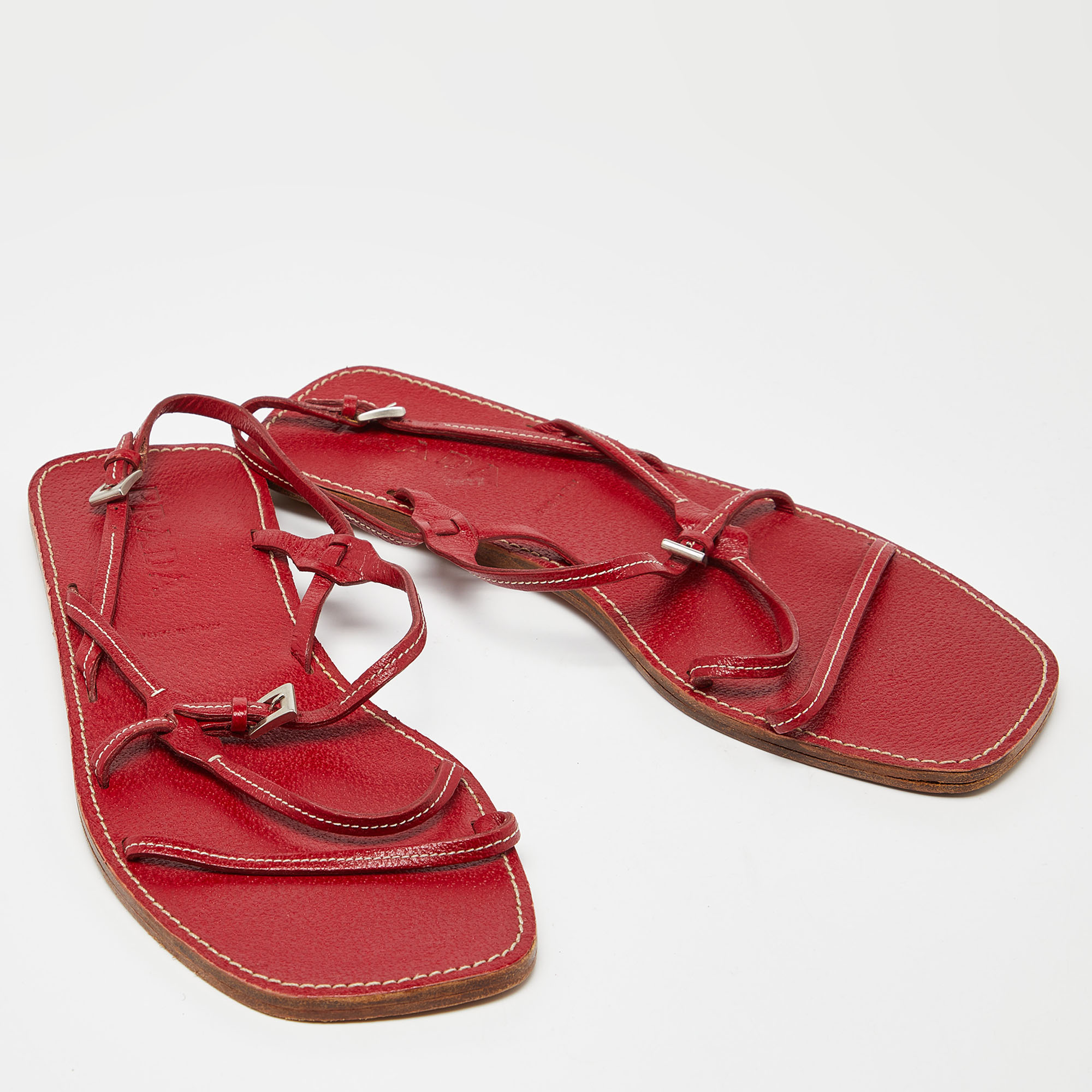 Prada Red Leather Strappy Flat Sandals Size 39