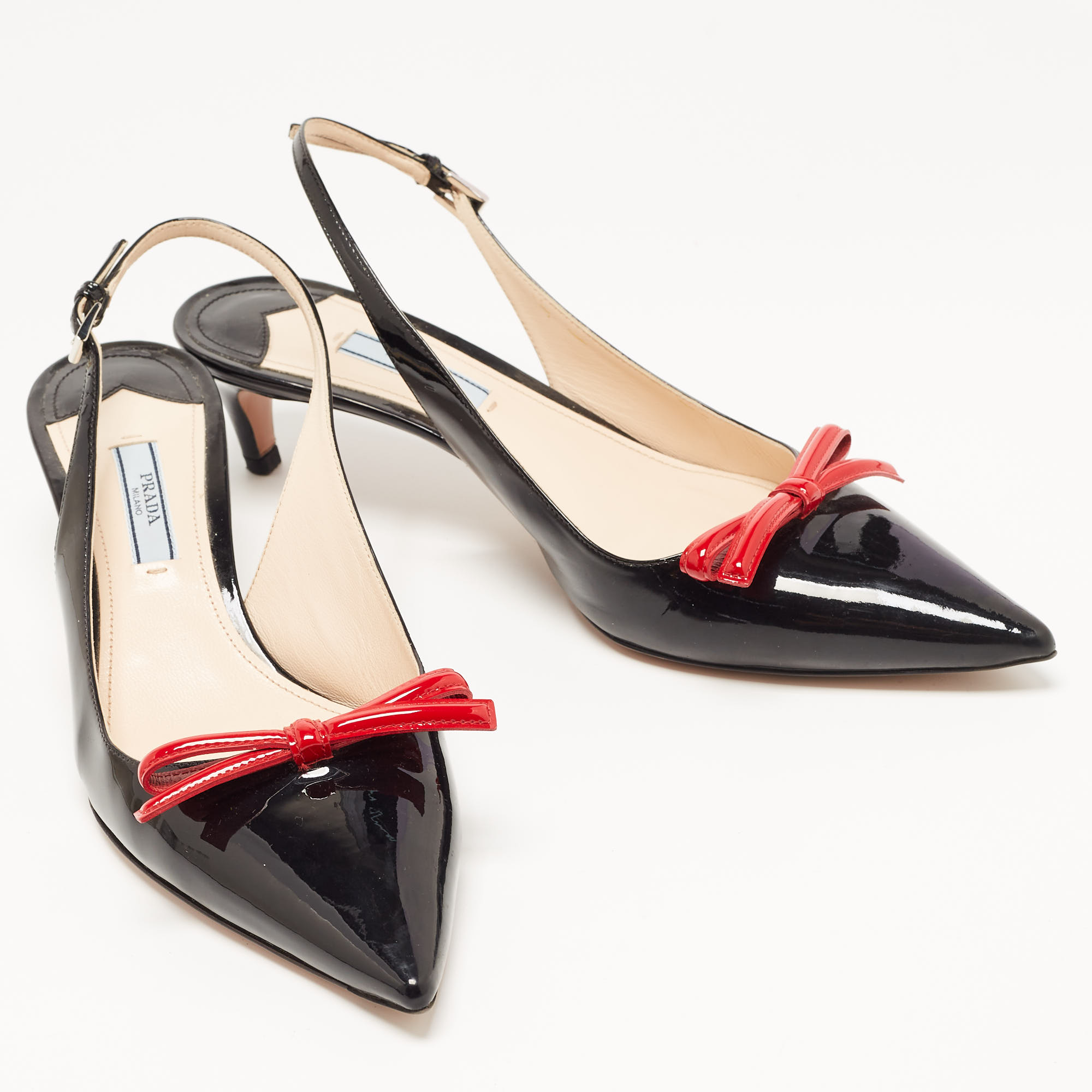 Prada Black/Red Patent Leather Bow Pointed Toe Slingback Sandals Size 40.5