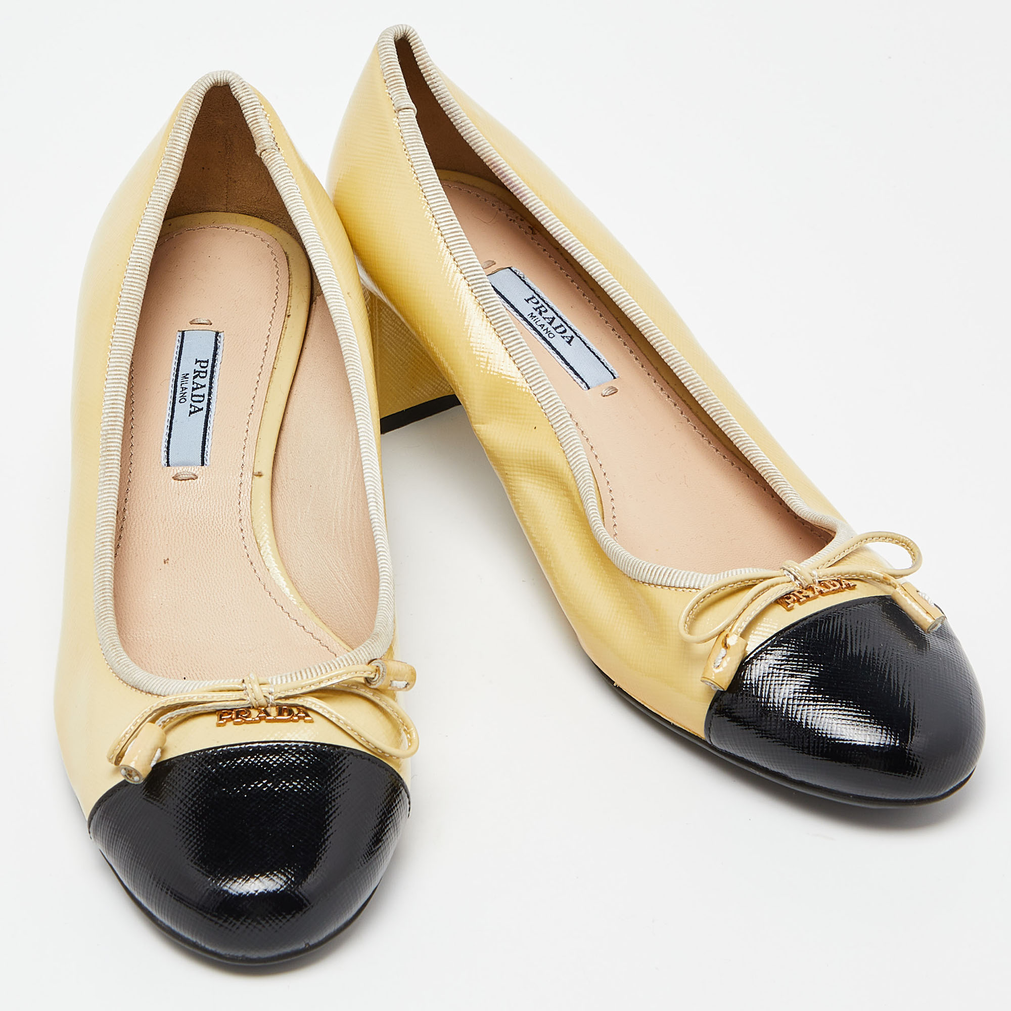 Prada Yellow/Black Patent Leather Bow Block Heel Pumps Size 38.5